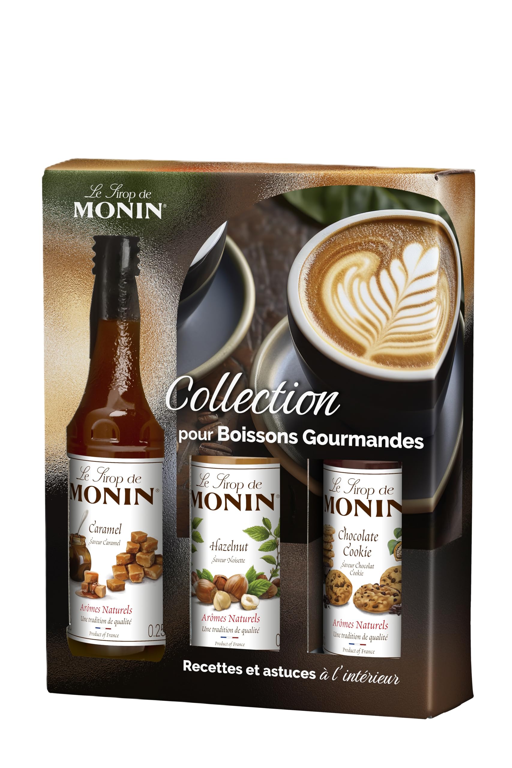 MONIN - Coffret Sirop MONIN Pour Café Saveurs Noisette/Caramel/Chocolat Cookie - Pour Café, Chocolat Chaud, Capuccino ou Latte - Arômes Naturels - Bouteille en Verre - 3 x 25 cl