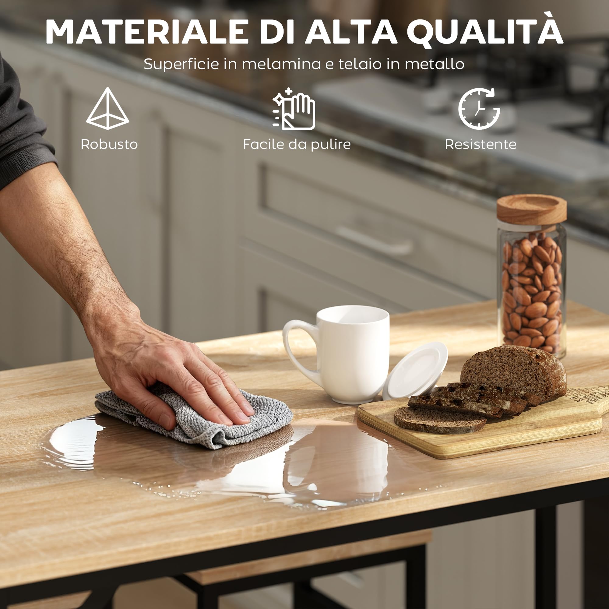 HOMCOM Set Tavolo Moderno da Cucina, Tavolo Alto con 4 Sgabelli Stile Industriale, Metallo e Legno, Arredamento Moderno, Soggiorno e Cucina, 100Lx60Px88Acm, Rovere Chiaro