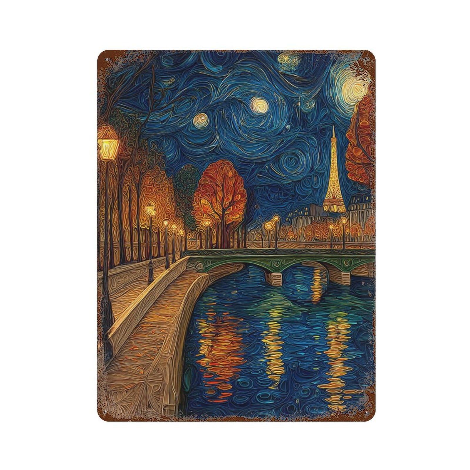 Parisian Night Canal Scene Vintage Rust Metal Sign 15.7"x11.8", for Garage, Bar And Workshop Decor, Decorative Metal Wall Art