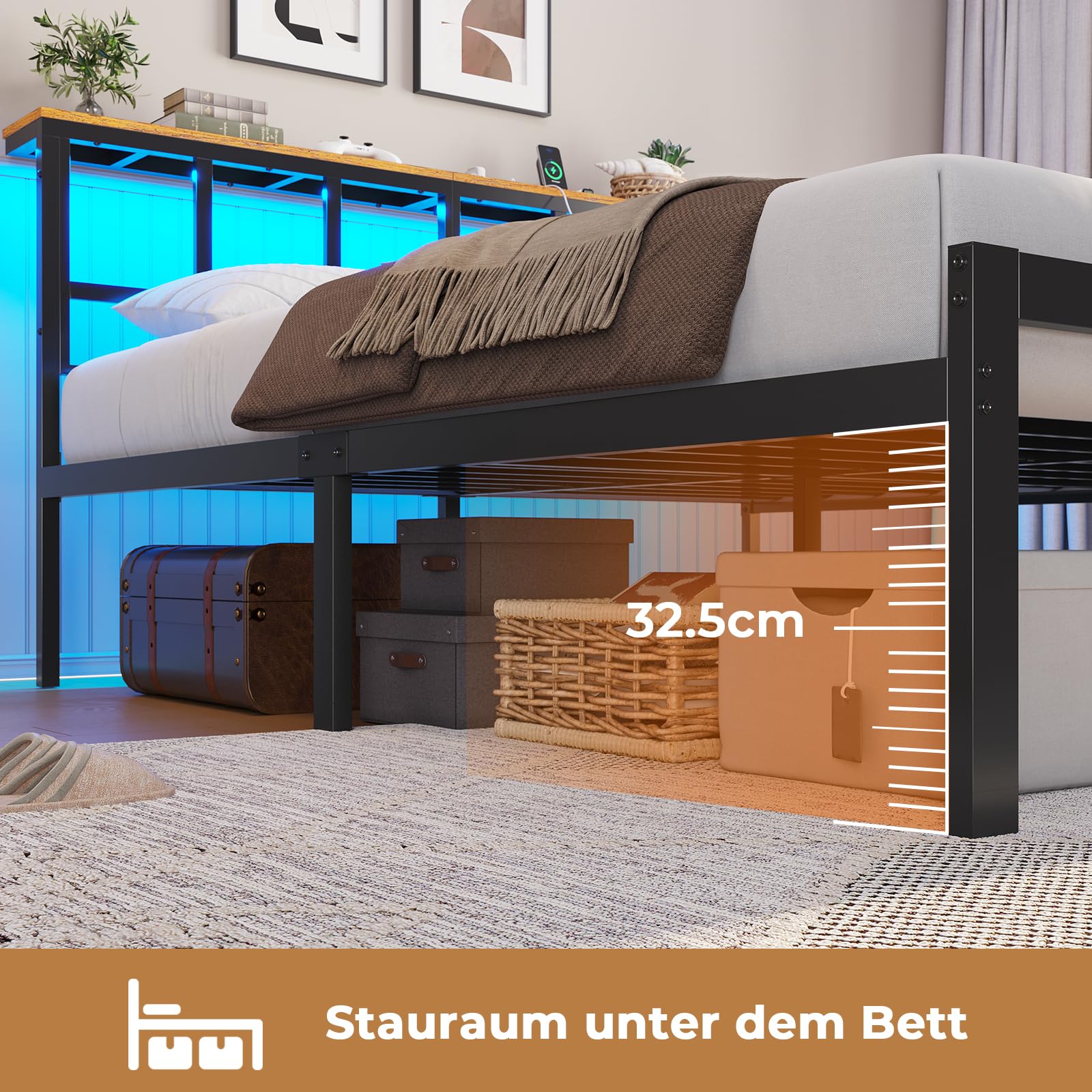Brinlawb Bett 140x200 mit Lattenrost aus Metall, Bettgestell 140x200 mit LED Beleuchtung, Ladestation (2 AC-Steckdosen,2 USB-Anschlüsse) Metallbett Doppelbett mit Kopfteil und Stauraum