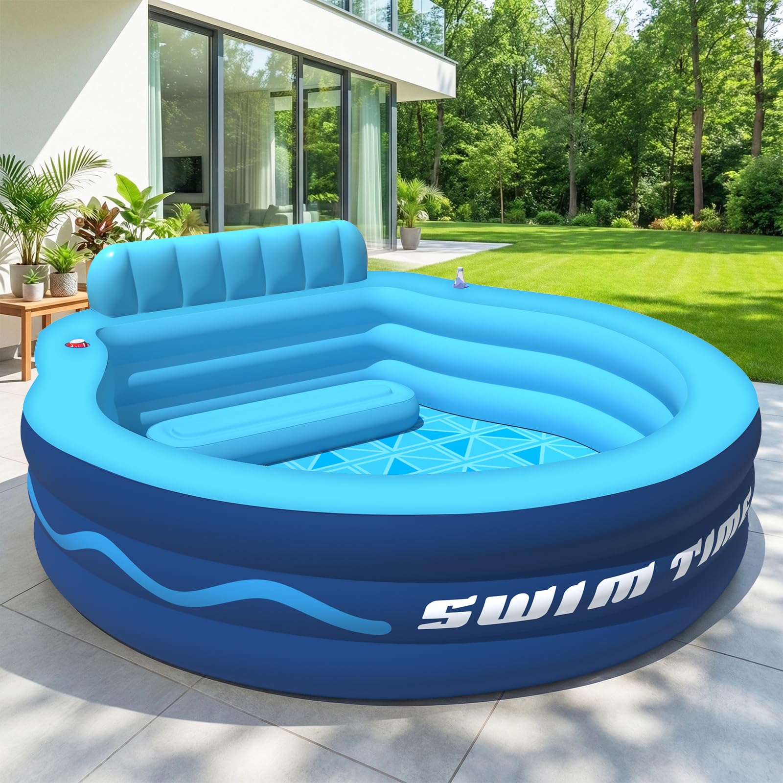 AixPool Inflatable Pool with Seats and Headrest,Oversized Thickened Large Blow Up Pool for Audlt,Inflatable Backyard Pools for Adult,Durable Swim Center Inflatable Family Lounge Pool 90"×90"×20"-Blue