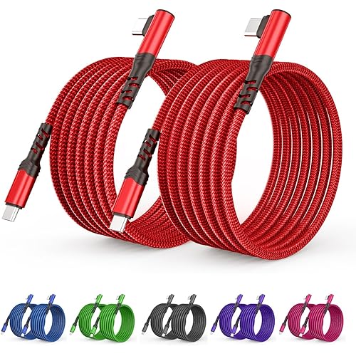 Red 2 Pack 10FT 60W/3A Nylon Braided USB C to USB C Cable, Right Angle 90 Degree, Fast Charging for iPhone 16/15, iPad Pro/Mini/Air, MacBook, Samsung Galaxy S24 and More