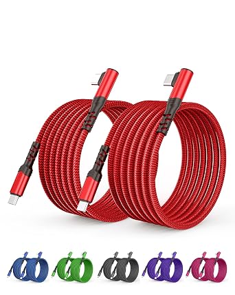 Red 2 Pack 10FT 60W/3A Nylon Braided USB C to USB C Cable, Right Angle 90 Degree, Fast Charging for iPhone 16/15, iPad Pro/Mini/Air, MacBook, Samsung Galaxy S24 and More