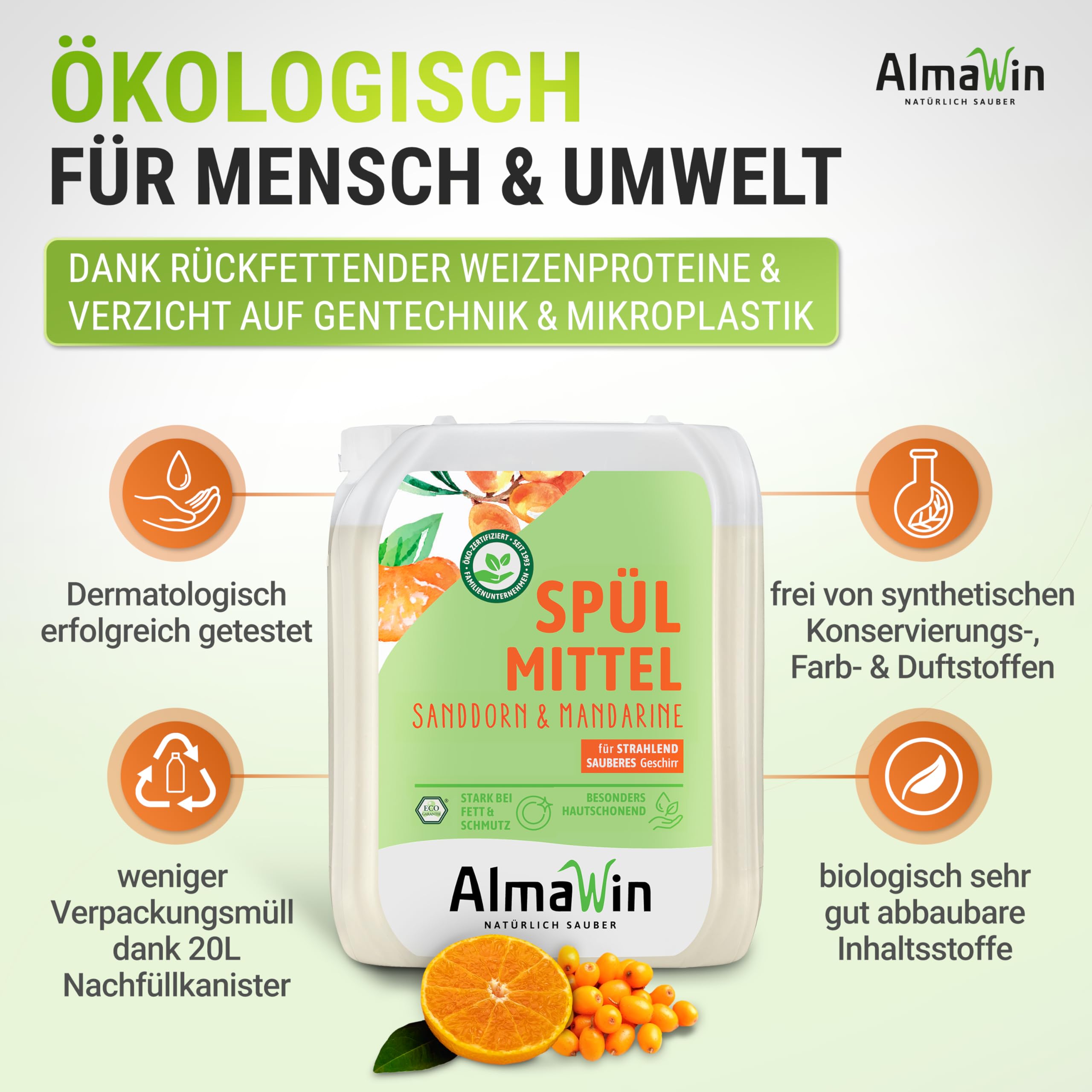 AlmaWin® Spülmittel Öko [20L] mit Sanddorn & Mandarine-Duft - Kraftvolles Geschirrspülmittel flüssig mit hoher Fettlösekraft - Vegan Dish Soap - Ergiebiges Konzentrat im Nachfüllkanister