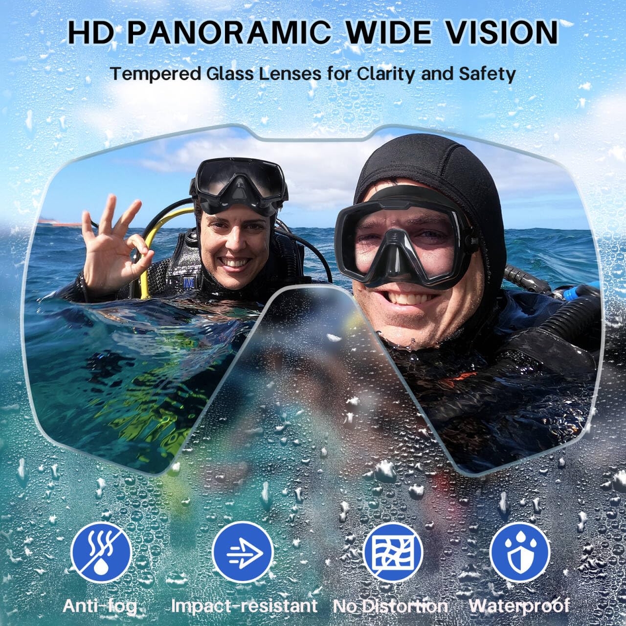 Máscara de buceo, gafas de natación para hombres y mujeres, de vidrio templado transparente, antivaho, equipo de buceo