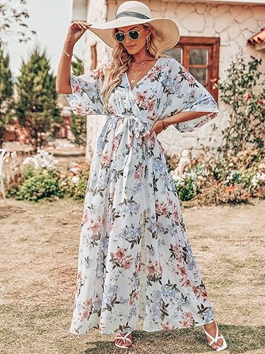 Miniatura 2 de ANRABESS - Vestidos largos de verano para mujer, con manga de 12, para playa y boda, estilo bohemio, con cuello en V, estampado floral, con