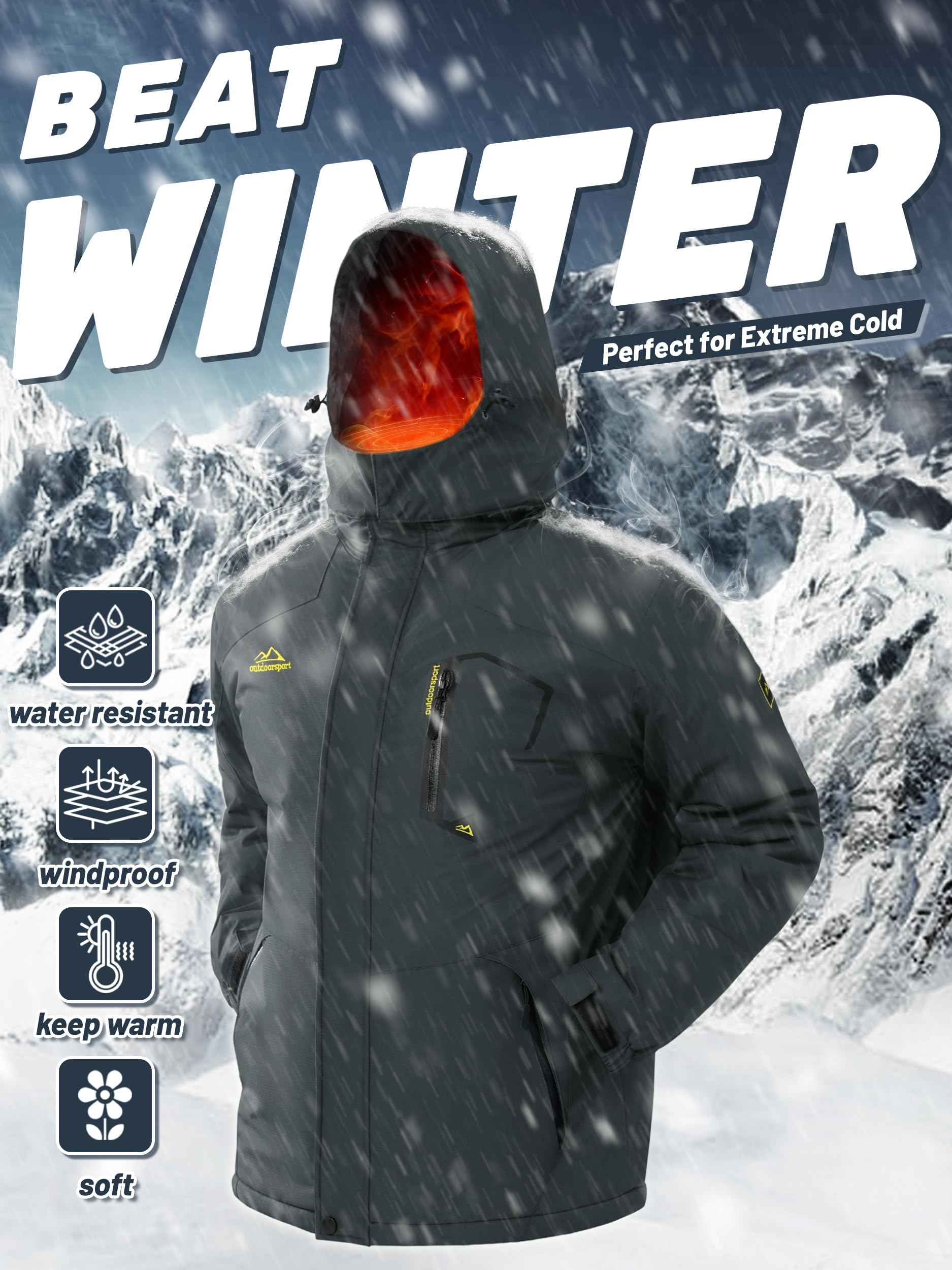TACVASEN Impermeable Chaqueta de montaña vellón Hombres Esquí Caliente Multi-Bolsillos