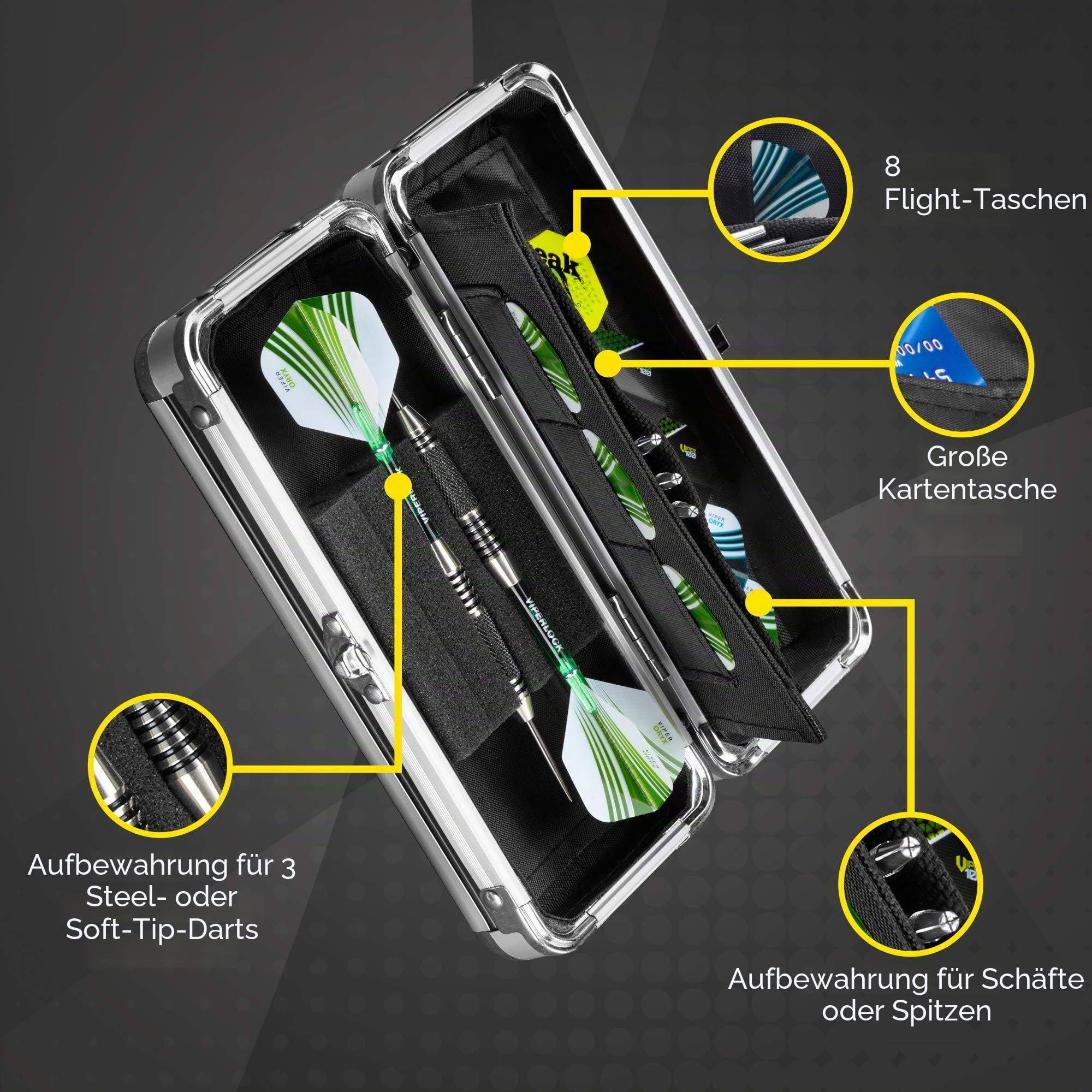 Casemaster by GLD Products Sole Aluminium-Darttasche mit schlankem Profil, für 3 Dartpfeile mit Stahlspitze und weicher Spitze, mit integrierten Taschen für weiteres Zubehör, Schwarz