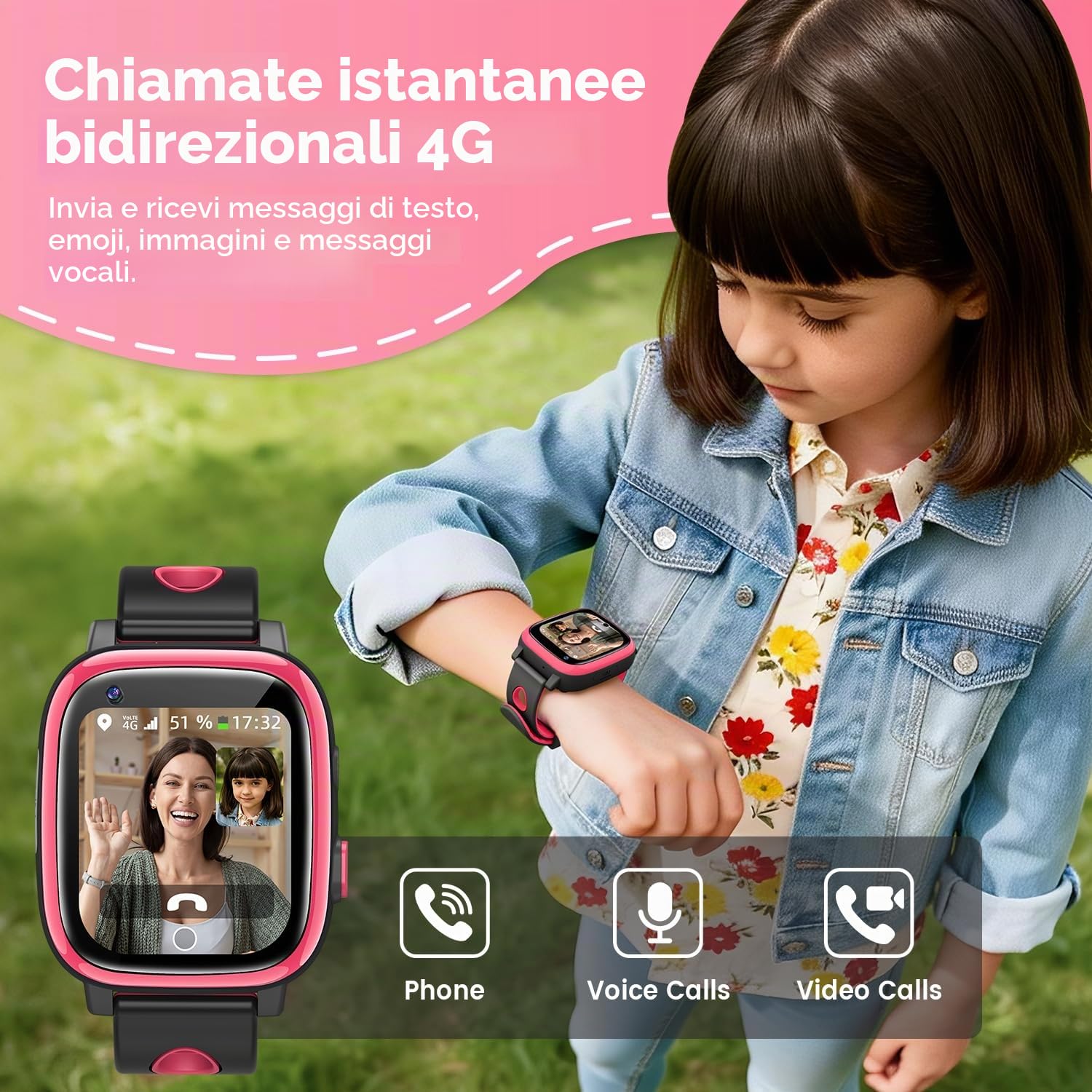 2026 Nuovo Smartwatch Bambini 4G con Videochiamata & GPS, SOS, Chat Vocale, IP68 Impermeabile, modalità Scuola, Contapassi, Sveglia, Flashcard, Regalo per Bambini e Bambine 4-15 Anni – Rosso