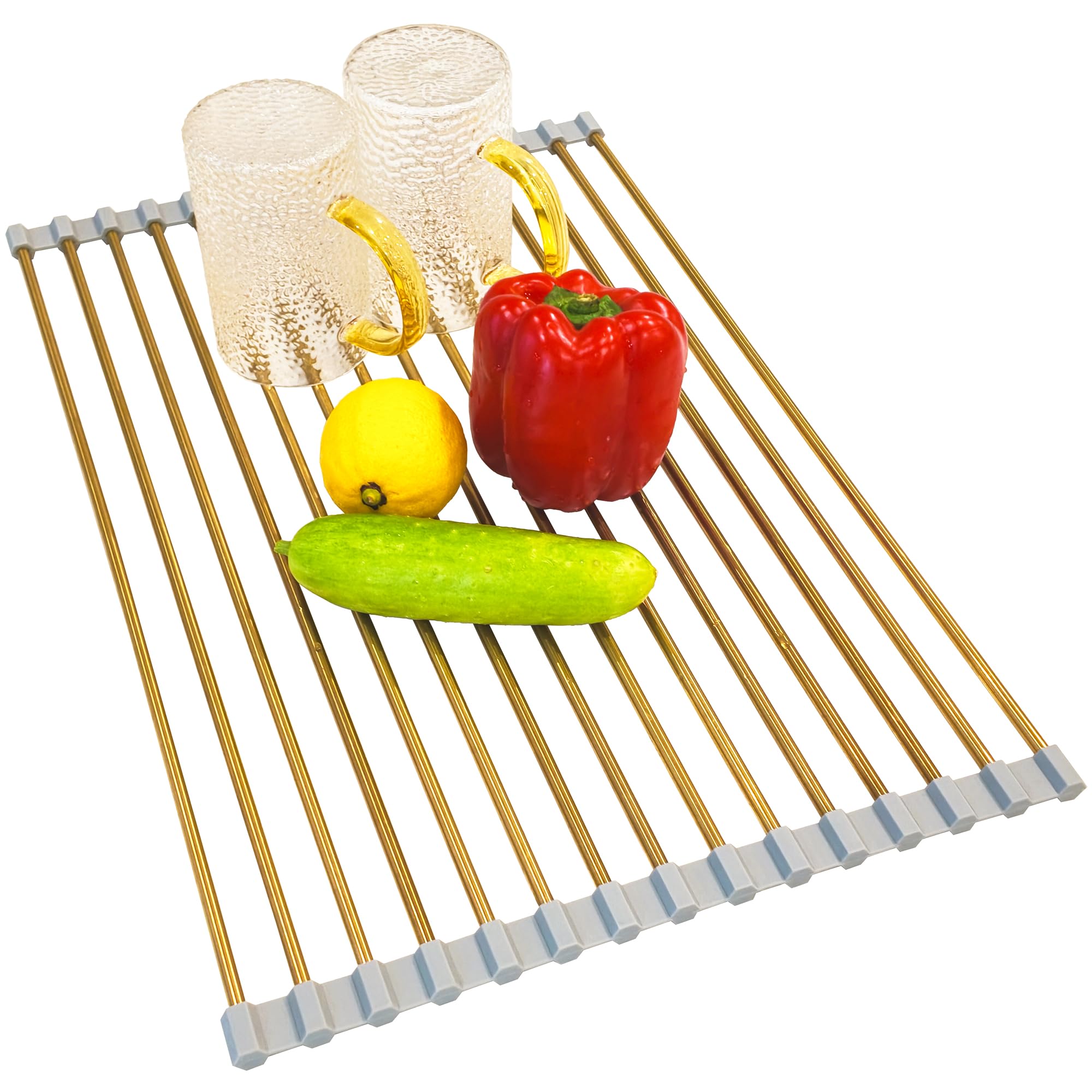 Gold Roll Up Dish Drying Rack Over Sink, Foldable Stainless Steel Drainer Non-Slip Sink Drying Rack Sink Accessories for Kitchen Countertop (17.8×11.8in)