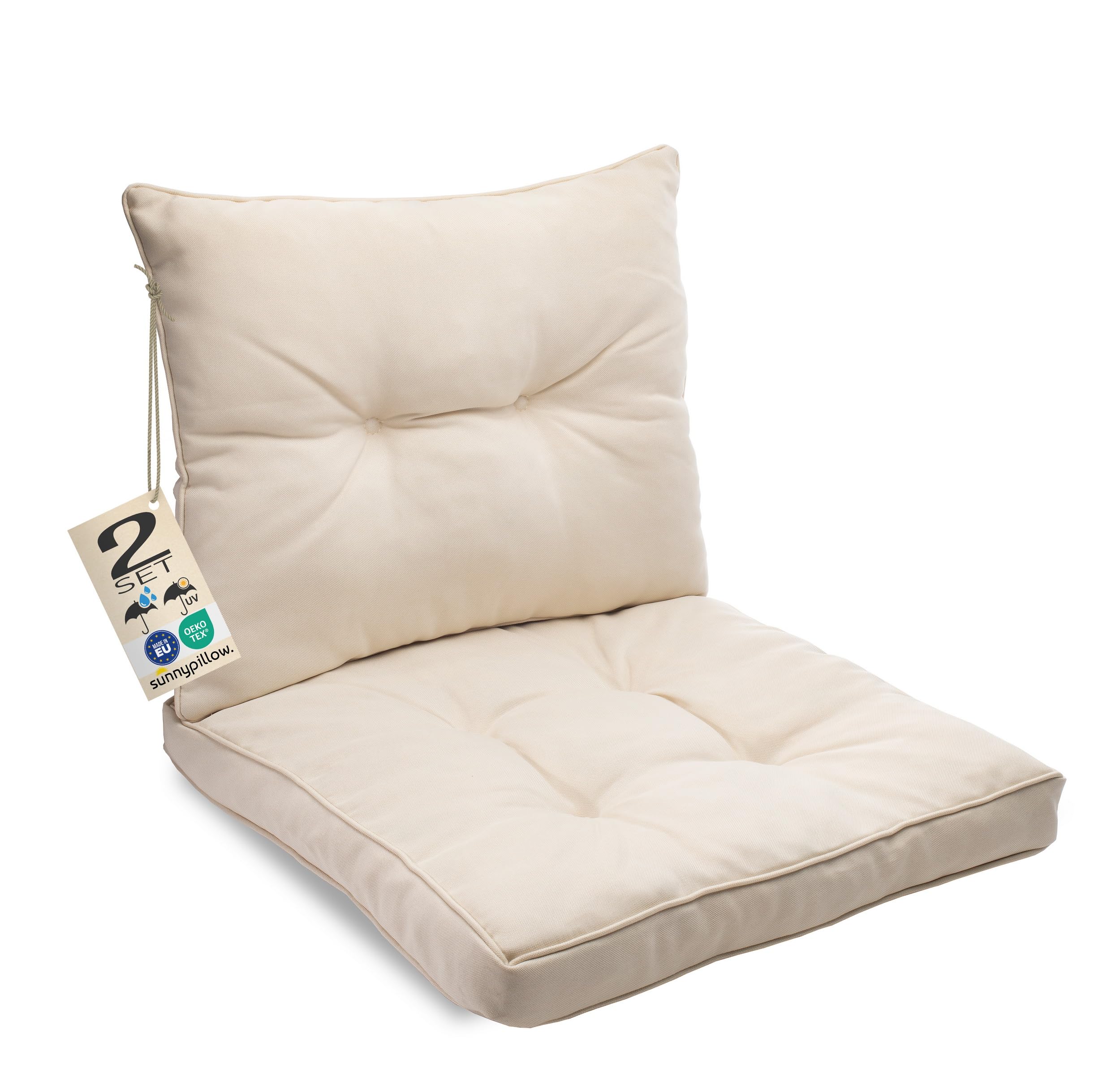 sunnypillow Lot de 2 Coussin de Jardin pour Chaise Fauteuil Rotin (Assise 50x50 cm + Dossier 50x40 cm) Galette de Chaise Anti UV - Extérieur Impermeable – Coussin de Sol idéal pour Balcon - Ecru