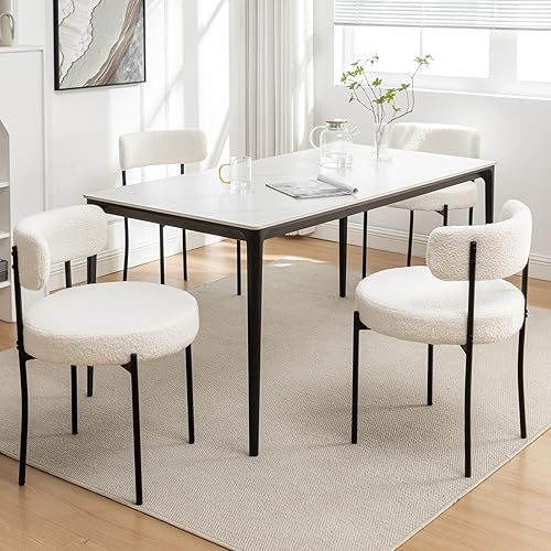 Boucle - Juego de 4 sillas de comedor modernas de mediados de siglo con patas de metal, sillas de cocina tapizadas para comedor, cocina (blanco)
