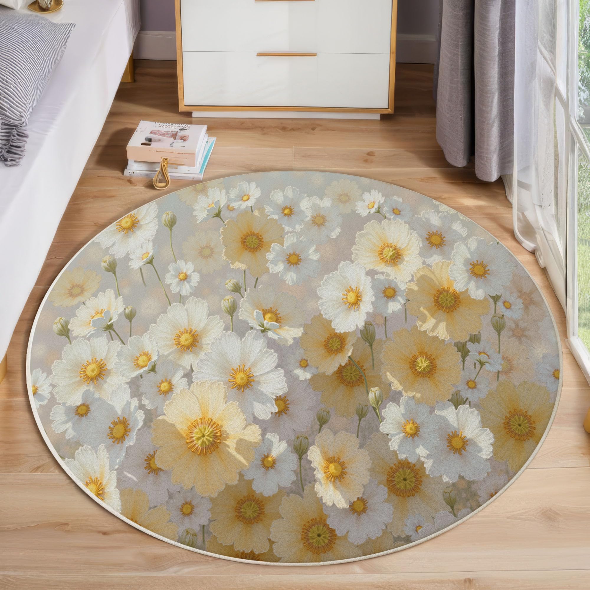 Tapis de salon rond lavable à motif marguerites blanc cassé 80cm pour chambre enfant