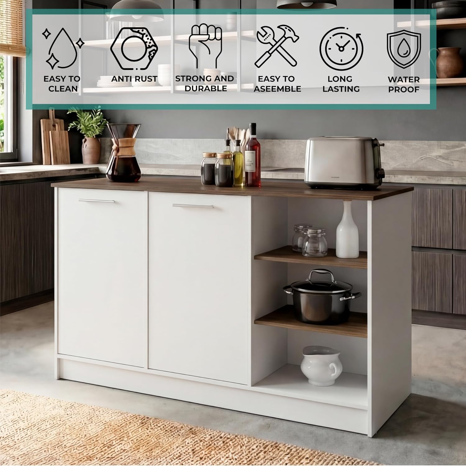 Ginger Kitchen Island with Spacious Countertop, Three Open Storage Shelves, Dual Cabinet Doors with Interior Shelves and Functional Floorstanding Design for Enhanced Organization, Meal Prep Efficiency