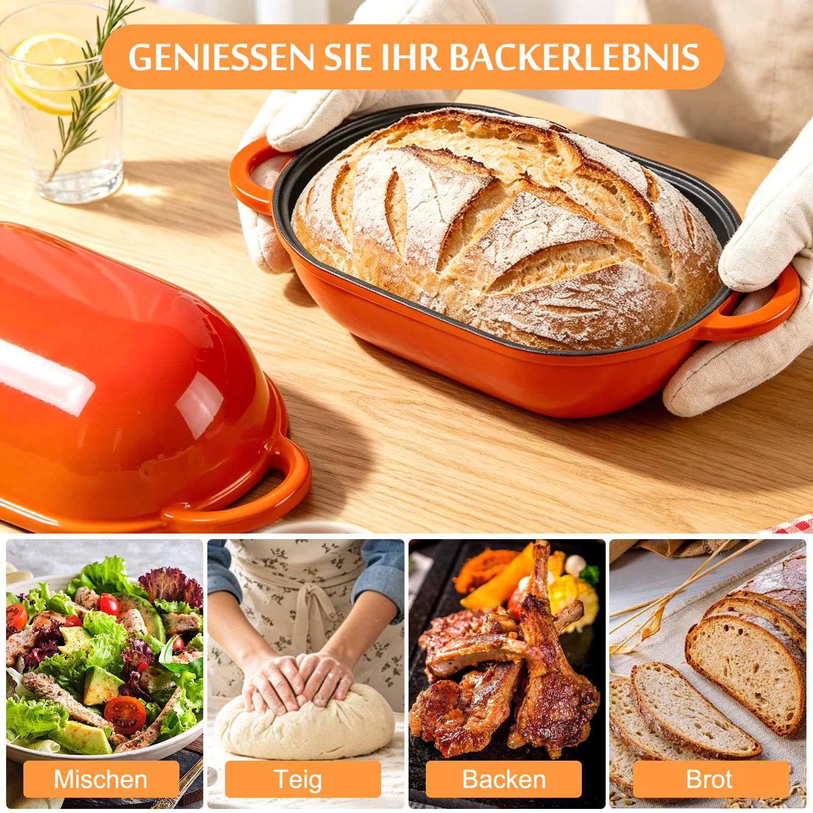 Teglia per pane in ghisa con coperchio, 23 cm, in ghisa smaltata, con coperchio, 2,75 l, ideale per il pane, adatta al forno (arancione)