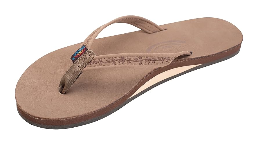 Rainbow Sandals Ladies Las Flores - Single Layer Premier Leather with a Floral 1/2" Narrow Strap - 6.5-7.5 - Dark Brown