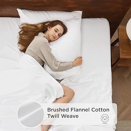 Miniatura 2 de Bedsure Juego de sábanas cepilladas tamaño individual, 100% algodón, sábanas blancas puras extra suaves, sábanas cálidas con bolsillo profundo de