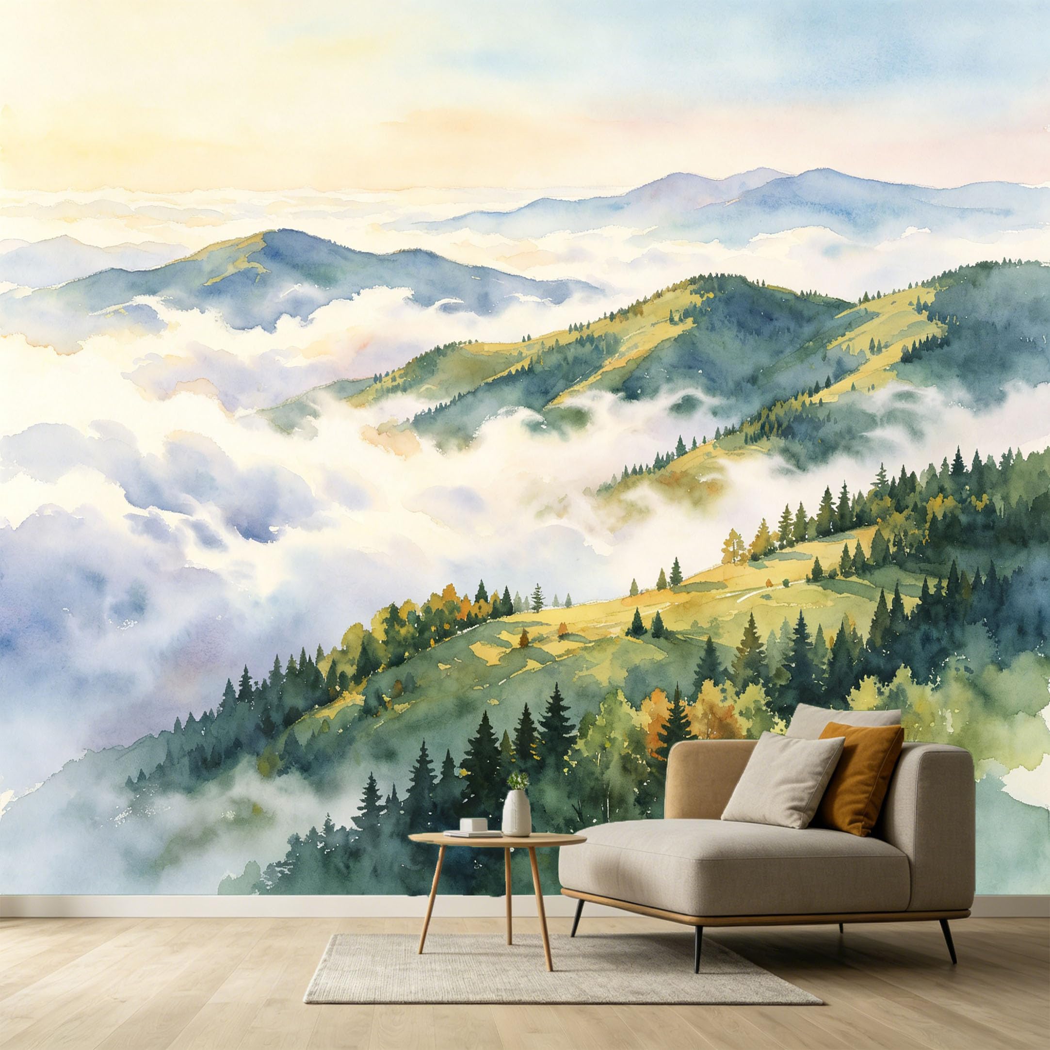 Custom Size Wall Murals Misty Mountain Forest Landscape Watercolor Style SelfAdhesive Wall Fabric Removable Large Wallpaper for Photo Living Room