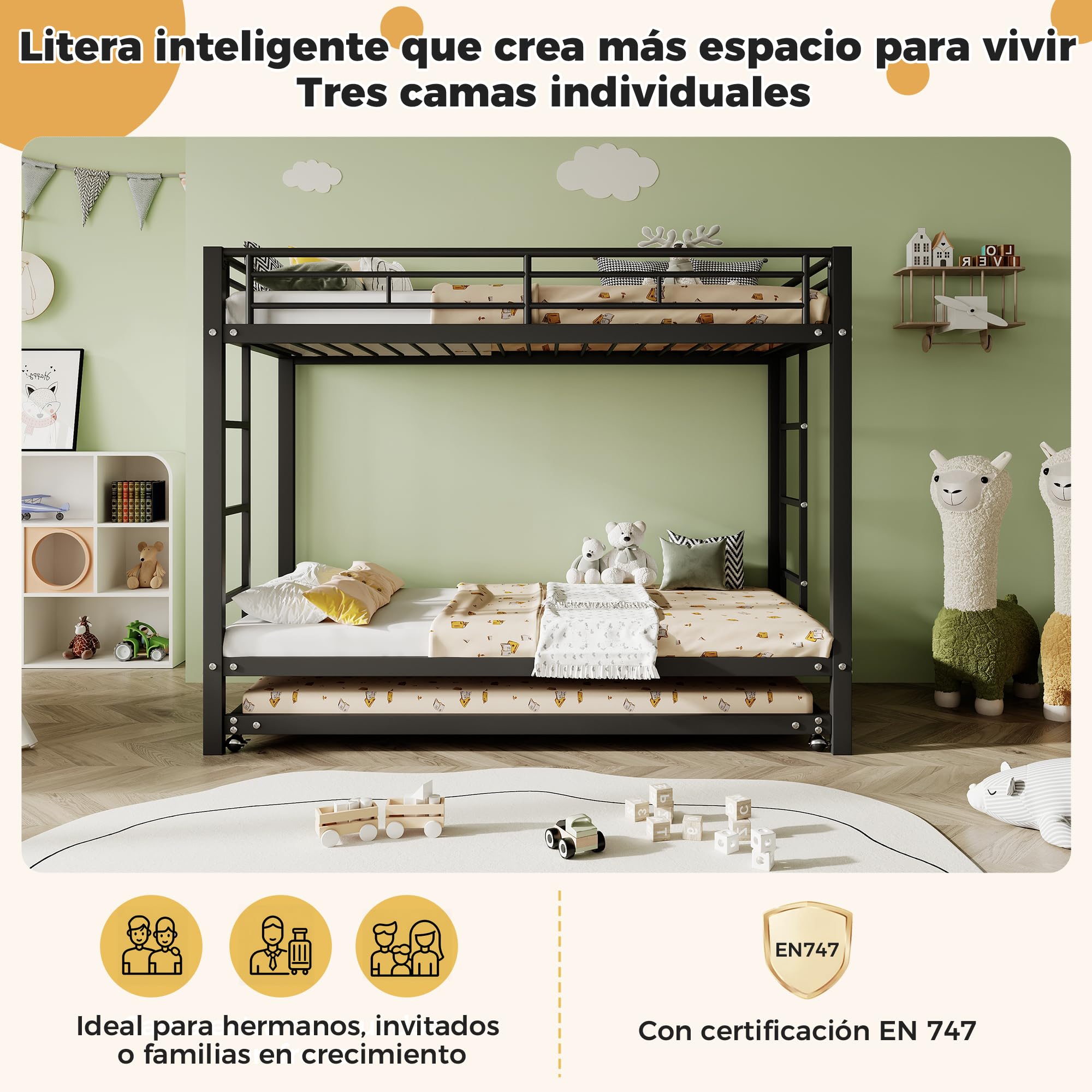 Literas 3 Camas 90x200 cm con Cama extraíble 90x190 cm Incluidas Las Pastillas de Freno, Marco de Camas de Metal con Barreras de Seguridad, con somier de láminas, sin Colchón, Negro