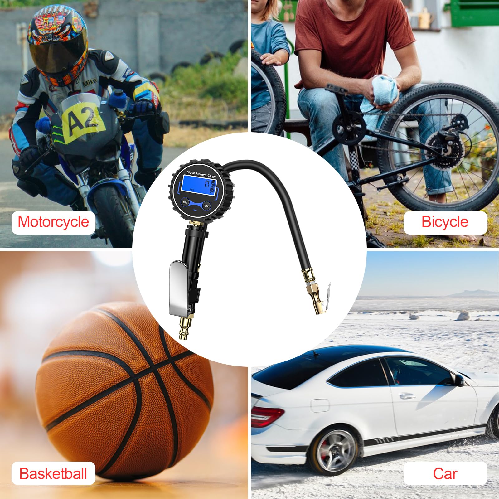 Gvolatee manometro pressione gomme professionale, 200 PSI Alta Precisione pistola gonfiaggio pneumatici con Tubo, attacco compressore auto, 4 Unità di Misura, per Camion Auto Moto Biciclette