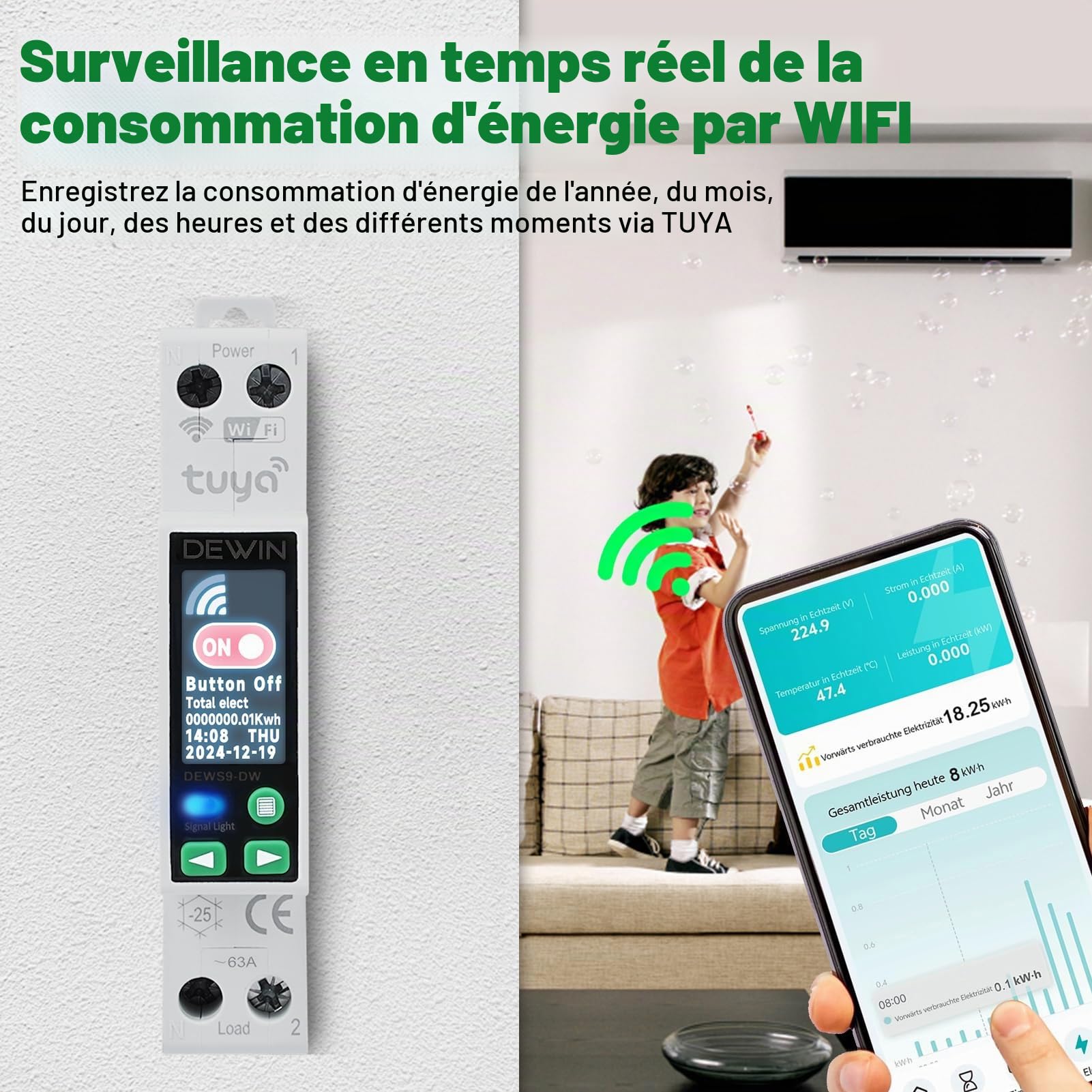 DEWIN Disjoncteur WiFi rail DIN, Tuya WiFi Smart Circuit Breaker avec minuterie fonction Smart Meter et commande à distance pour Smart Home affichage LCD 40A AC 230V