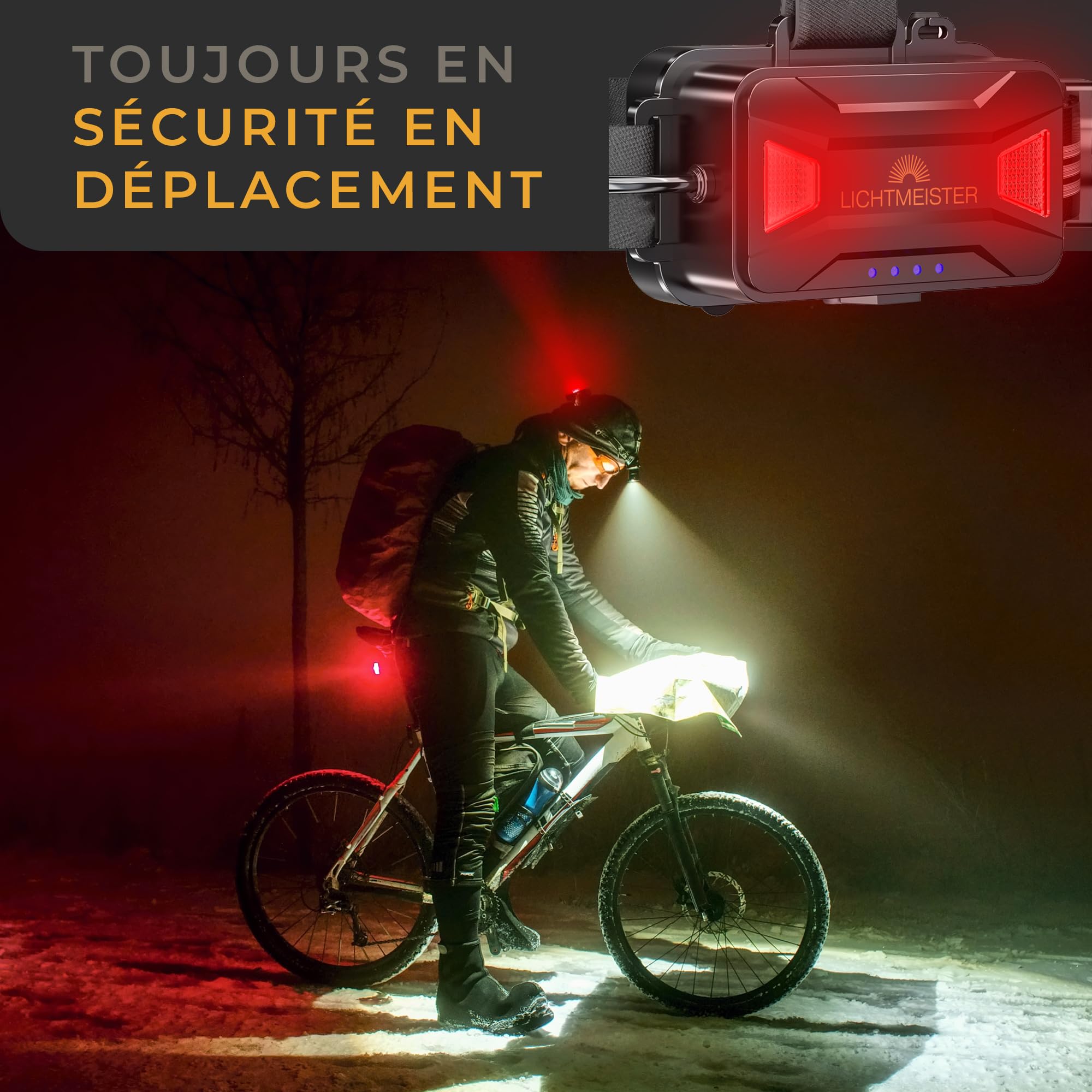LICHTMEISTER® Lampe frontale LED ultra puissante (2500 lumens, batterie 8000 mAh) - avec lumière arrière - rechargeable - IP44