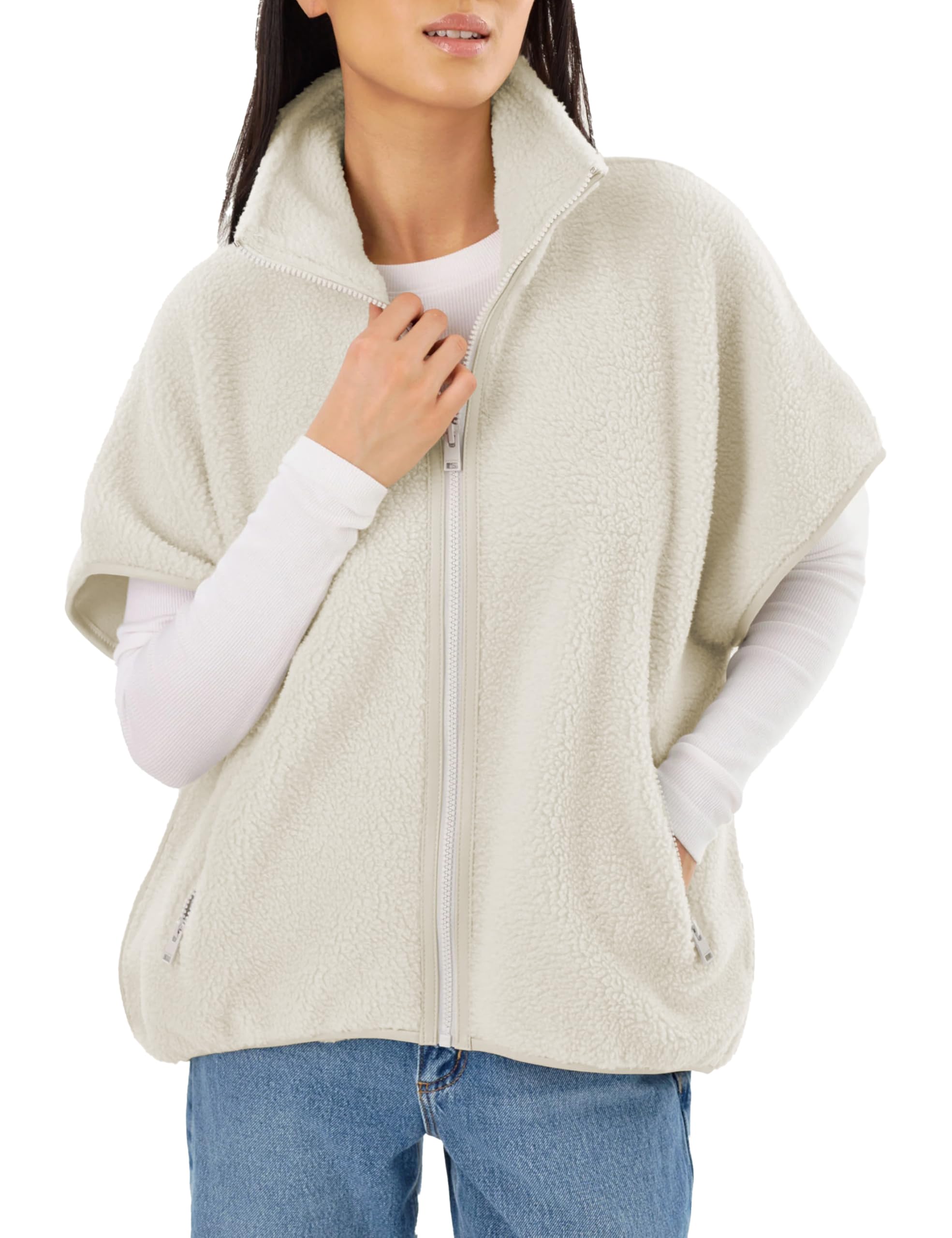 Women's Sherpa Fleece Vest Oversized Batwing Sleeve Leather Trim Stand Collar Zip Up for Fall Winter Casual-image-38