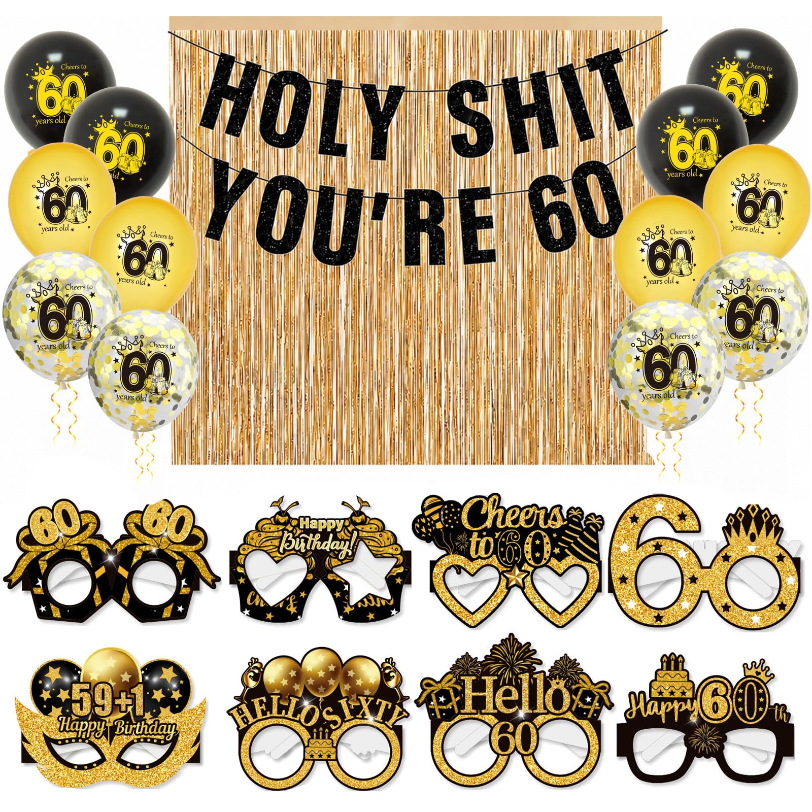 HOMAVEL 60th Birthday Decorations Black and Gold Set - Funny "HOLY SHIT YOU RE 60" Banner, 2 Champagne Gold Fringe Curtains, 12 Balloons & 8 Glasses Photo Props for Men & Women