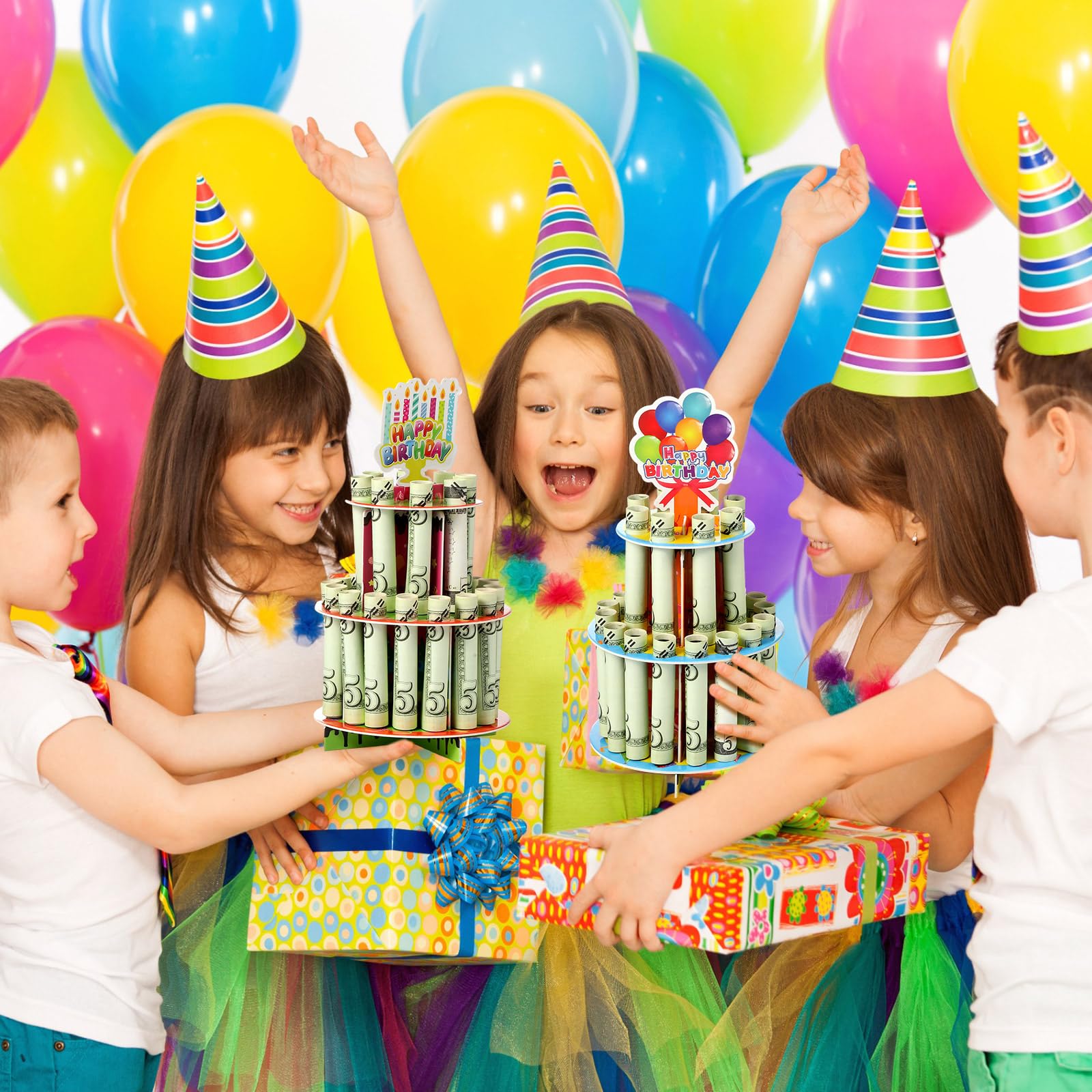 2 piezas de soporte de dinero de cumpleaños para regalo, colorido feliz cumpleaños, soporte de efectivo de doble capa con 24 agujeros, soporte para dinero en efectivo, ideas de regalo para 7