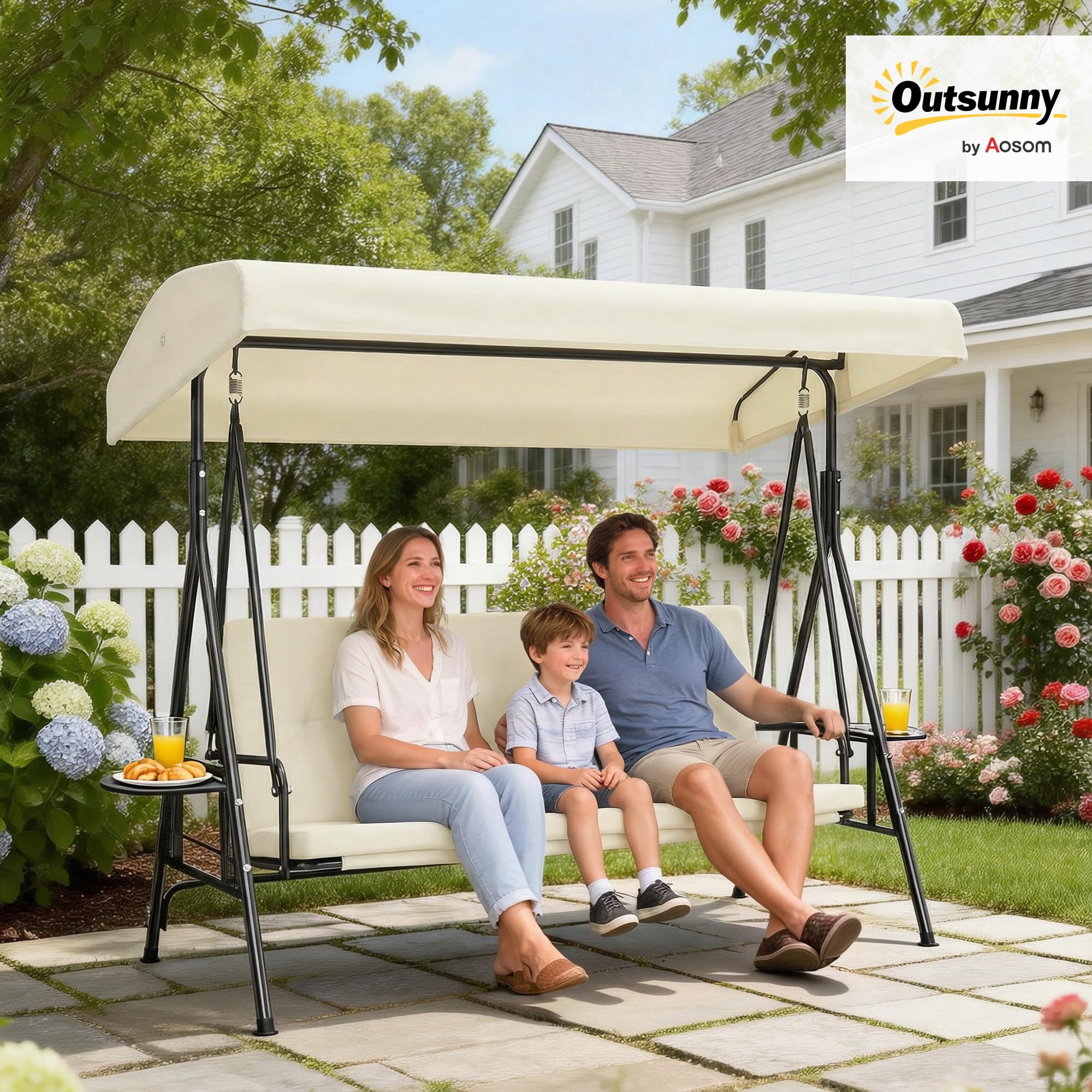 Outsunny - Balancín de jardín (3 plazas, gran comodidad, inclinación, techo ajustable, 2 estantes laterales, cojines, acero poliéster, crema