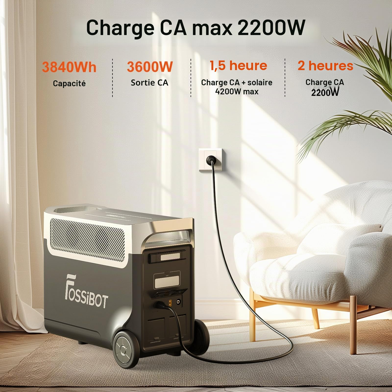 FOSSiBOT F3600 Pro Station d'alimentation portable 3840 Wh LiFePO4, générateur solaire, 3 x 230 V CA, sortie 3600 W (crête 7200 W), générateur de tempêtes, recharge rapide, pour voyage, camping en
