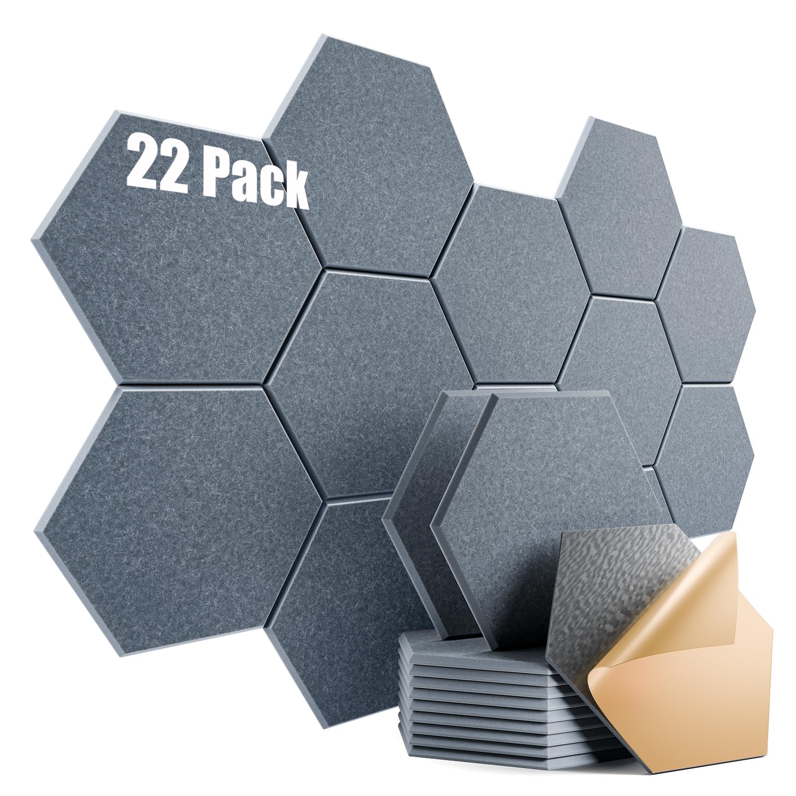 22 Pack Self-Adhesive Acoustic Panels 12" X 10" X 0.4" - Sound Proof Foam Panels with High Density, Hexagonal Design, Flame Resistant, Absorb Noise and Eliminate Echoes(Gray)