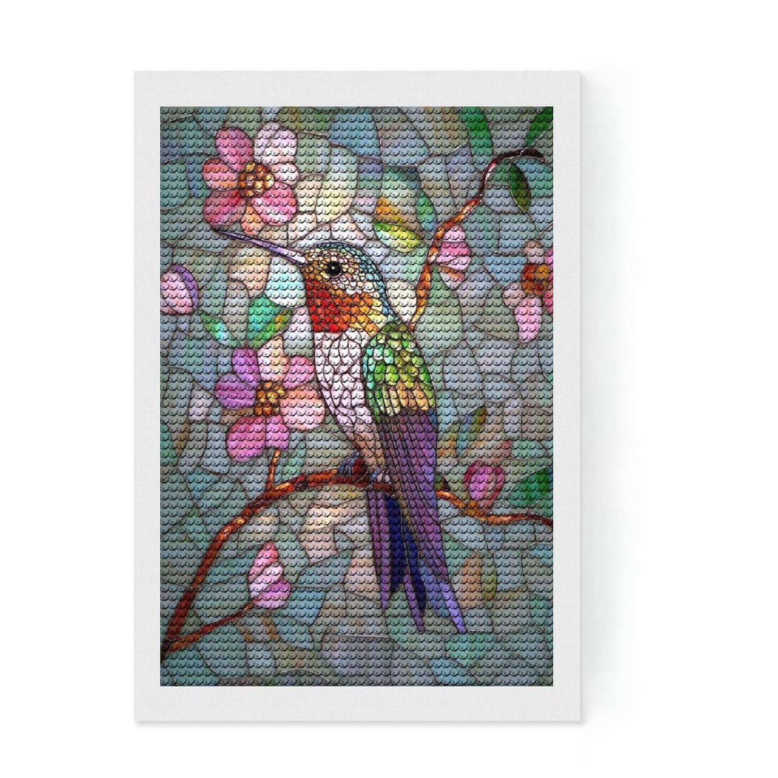 Junmoney Stained Glass Hummingbird DIY Diamond Art Canvas Kit 8"x12", Easy to Enjoy, Adhesive Canvas, Aesthetic Room Decor, Thoughtful Handmade Gift