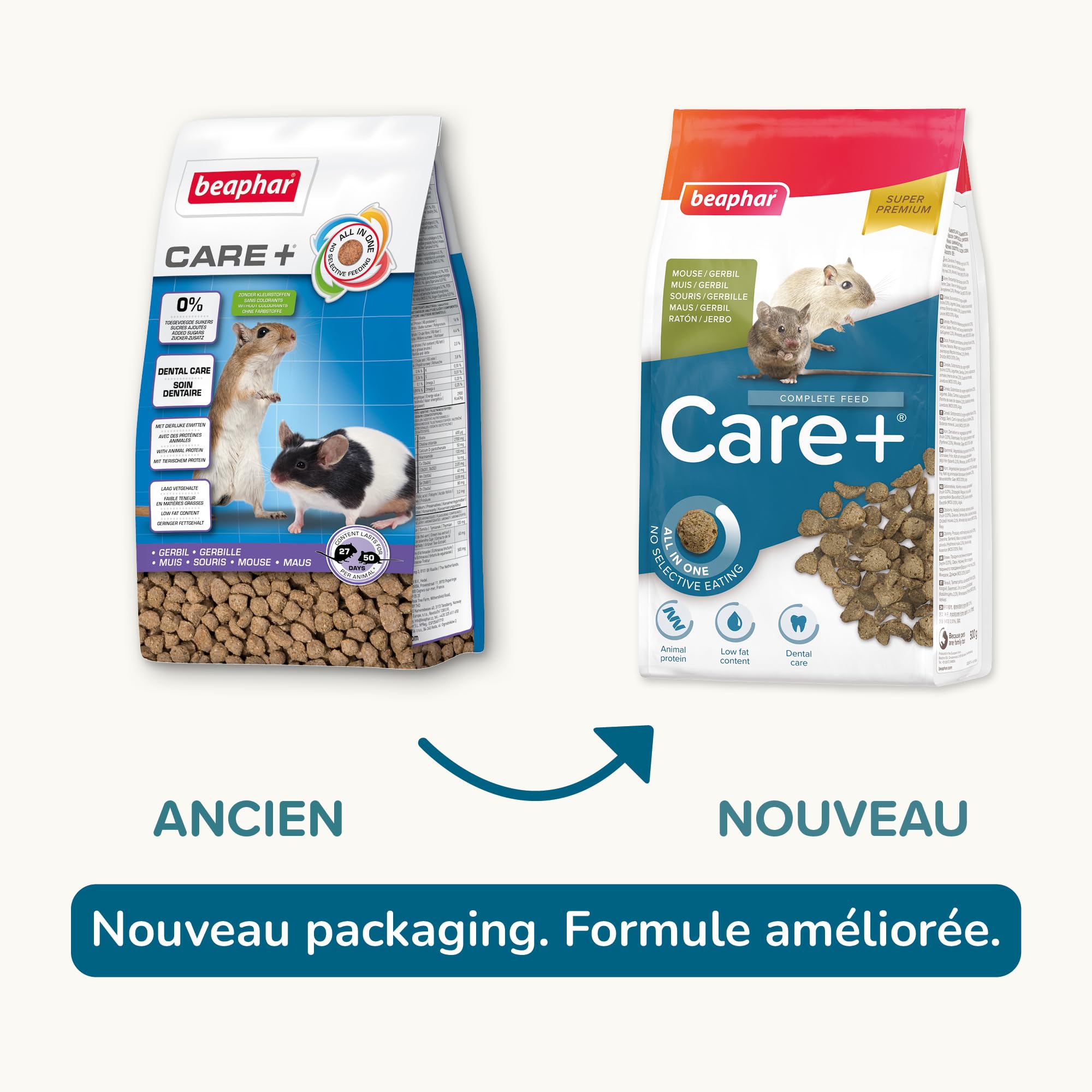 BEAPHAR – Care+® – Alimentation Super Prenium extrudée pour Gerbille et Souris – Aux proteines animales – Haute digestibilité – Participe à l’Usure Naturelle de Dents – Granulés Tout-en-Un – 500g