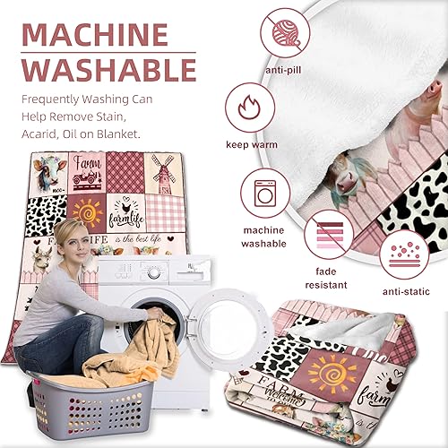 Miniatura 6 de BUYYET Manta de regalo de franela de forro polar a cuadros de animales de granja, ligera, suave, bonita y acogedora manta para cama, sofá, viajes al