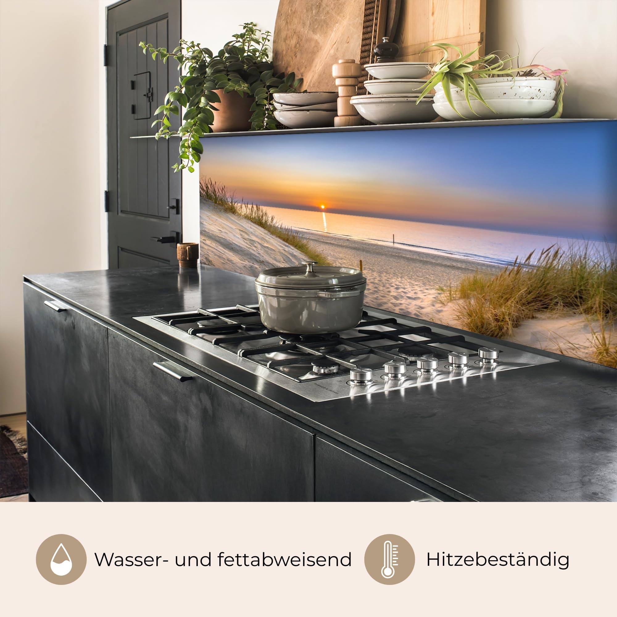 KitchenYeah© Küchenrückwand 60x200 cm Selbstklebende Kitchen Wall Protector Küchen Rückenwand Küchenfronten Küchenrückwände Küche Wand Düne - Sonnenuntergang - Horizont - Strand - Gras