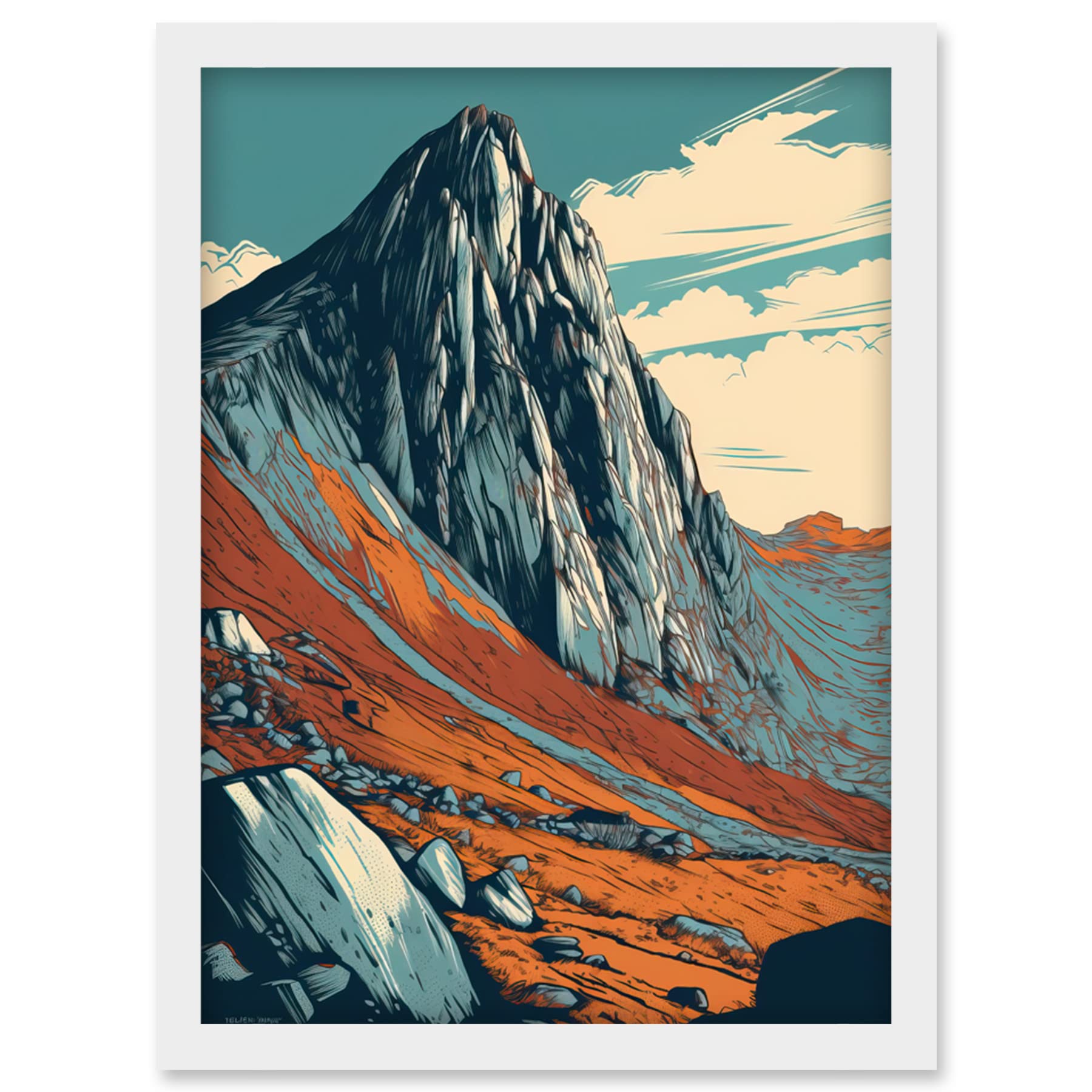 Artery8 Tryfan Mountain Peak Landscape Teal Brown Linocut Artwork Framed Wall Art Print A4
