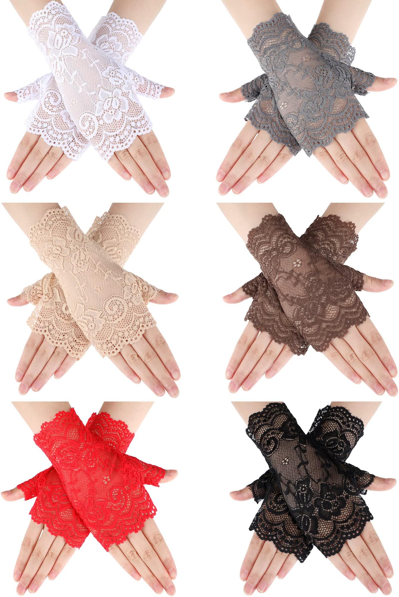 6 Pairs Women's Lace Gloves Fingerless Floral Short Fingerless Gloves for Bridal Wedding Opera Tea Party