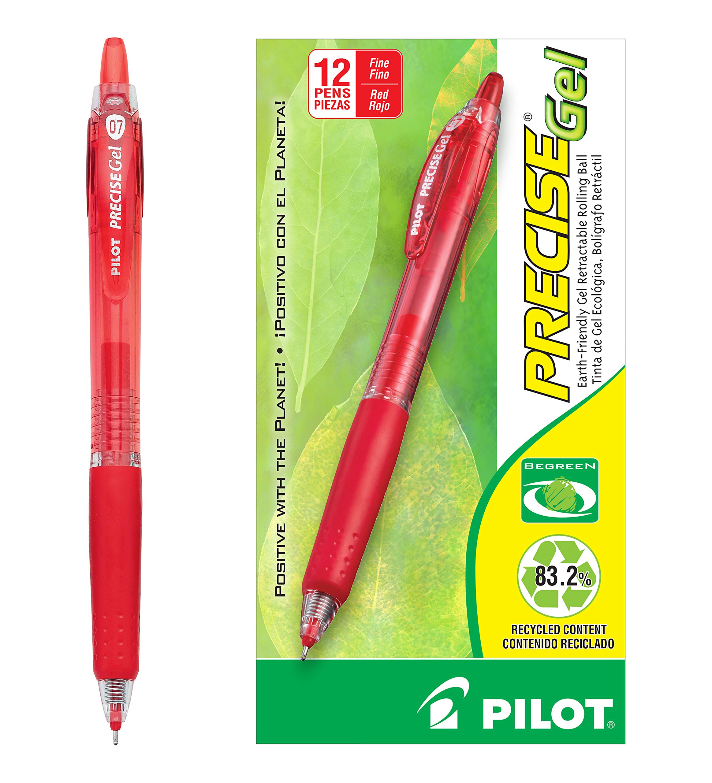 PILOT Precise Gel BeGreen Refillable & Retractable Rolling Ball Pens, Fine Point, Red Ink, 12-Pack (15003)