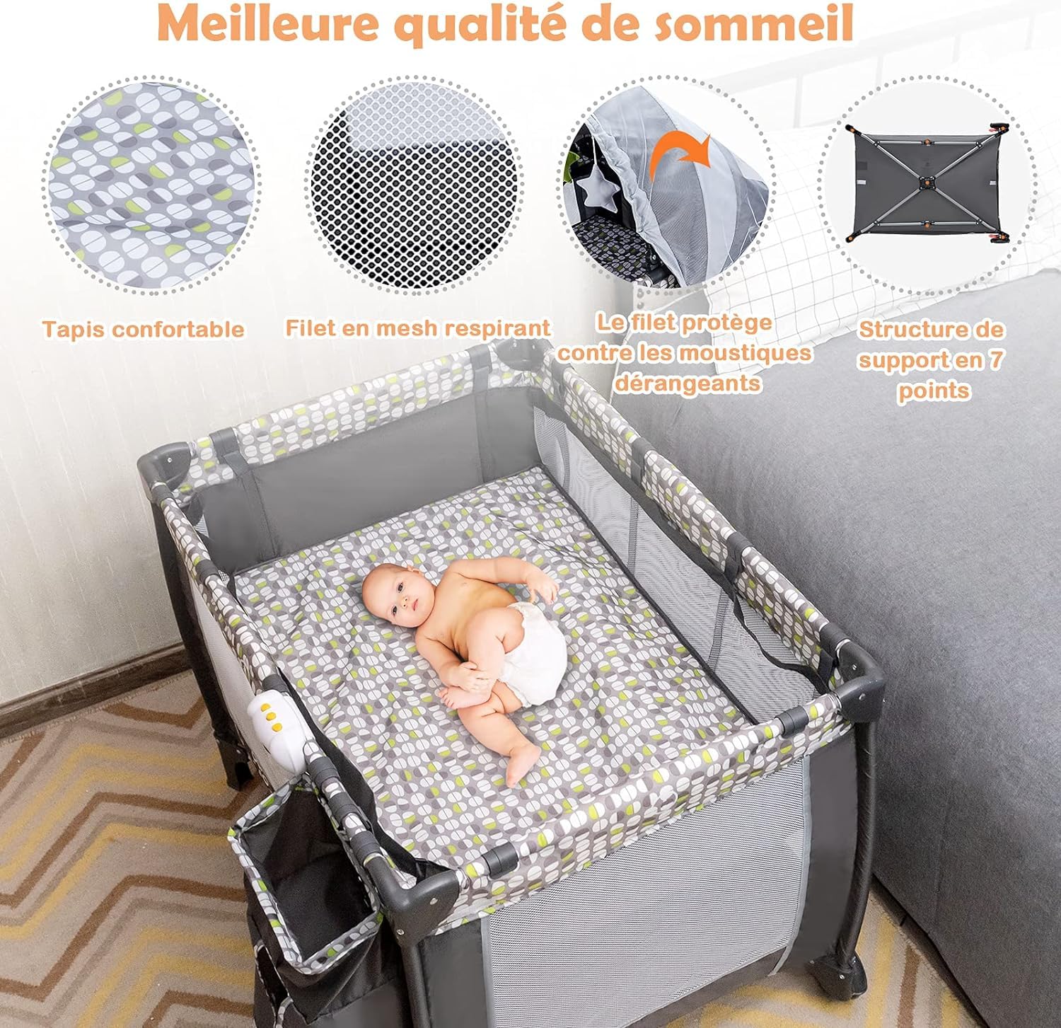 GOPLUS Cama Plegable con Ruedas, Cambiador y colchón, Cuna de Viaje con Lindos Juguetes y Bolsa de Transporte, Apta para bebés de 0 a 36 Meses, Carga máxima 15 kg, Gris