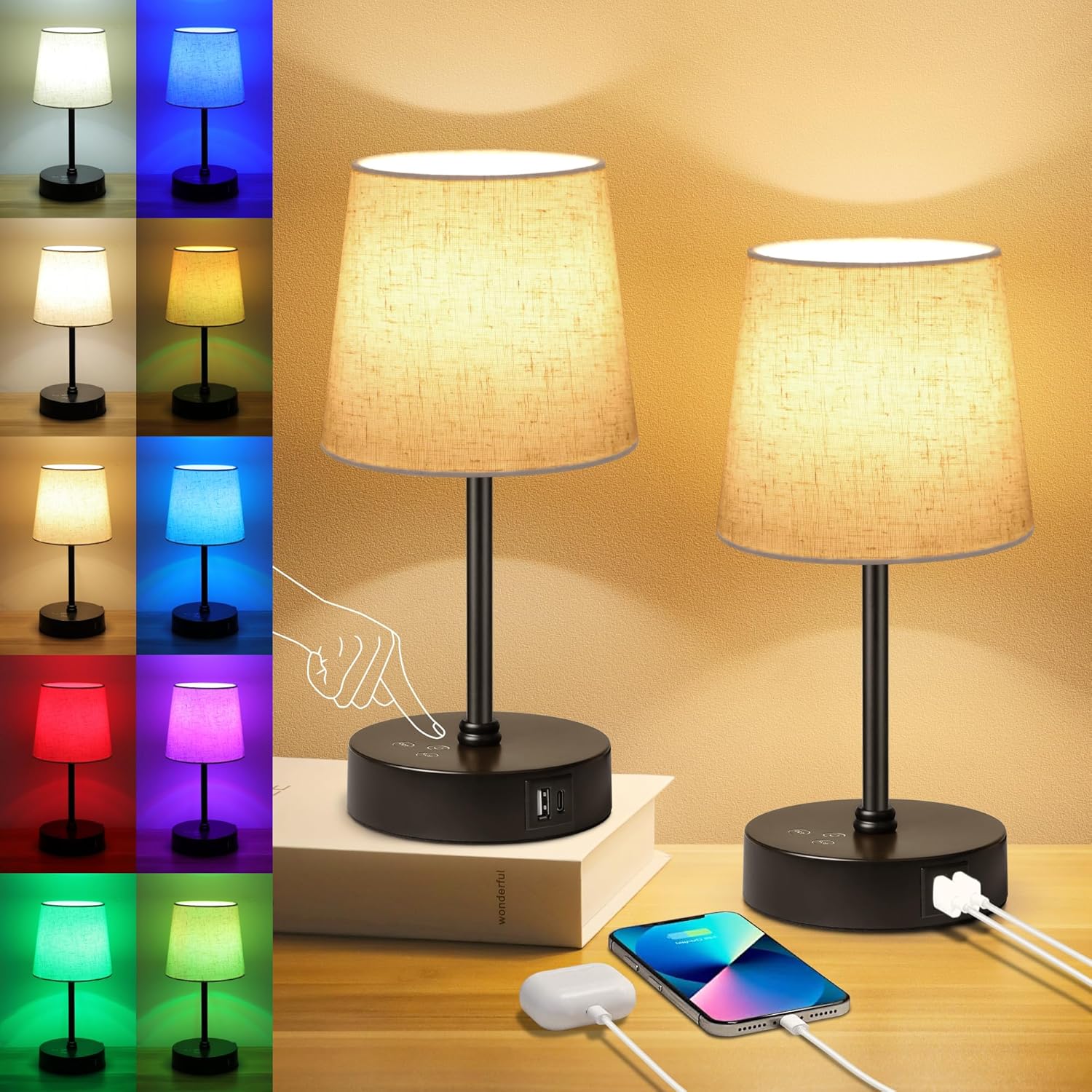 Ascher Small Bedside Table lamp Set of 2, RGB Color Changing Lamps, 3 Color Temperatures, Dimmable Nightstand Lamp with USB C+A Ports, Touch Desk Lamp for Bedroom Living Room, H11.4in(Flaxen Shade) Black Base & Flaxen Shade - 2 Pack 11.4 inch