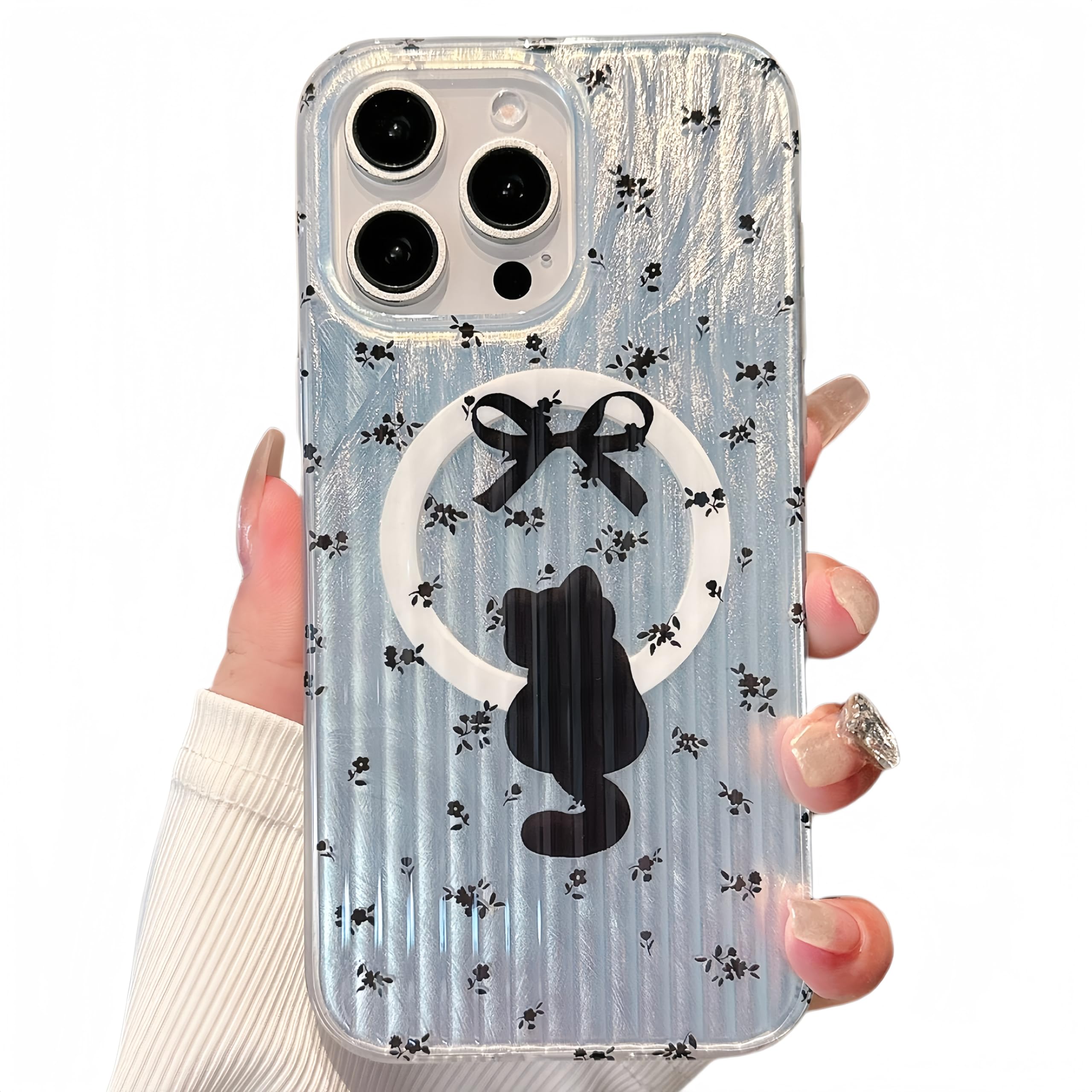 Pretaco for iPhone 14 Case, Beautiful Cute Black Kitty, Bow, Flower Compatible with Magsafe Scratch Resistant FIM Technology Military Grade Protection