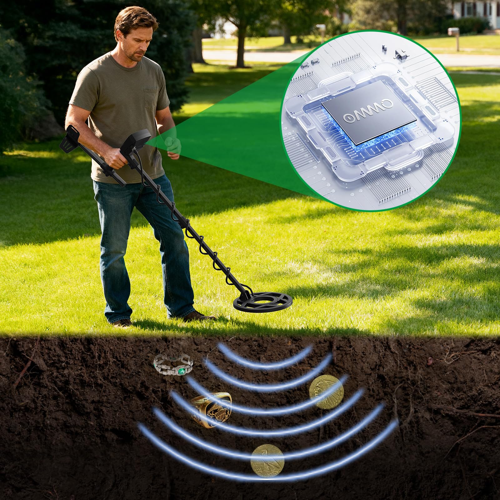 OMMO Detector de Metales Profesional para Adultos y Niños, Detectores de Metales Recargable por USB, 6 Modos, Alta Precisión, Bobina Impermeable IP68, Metal Detector con Pala, Azul