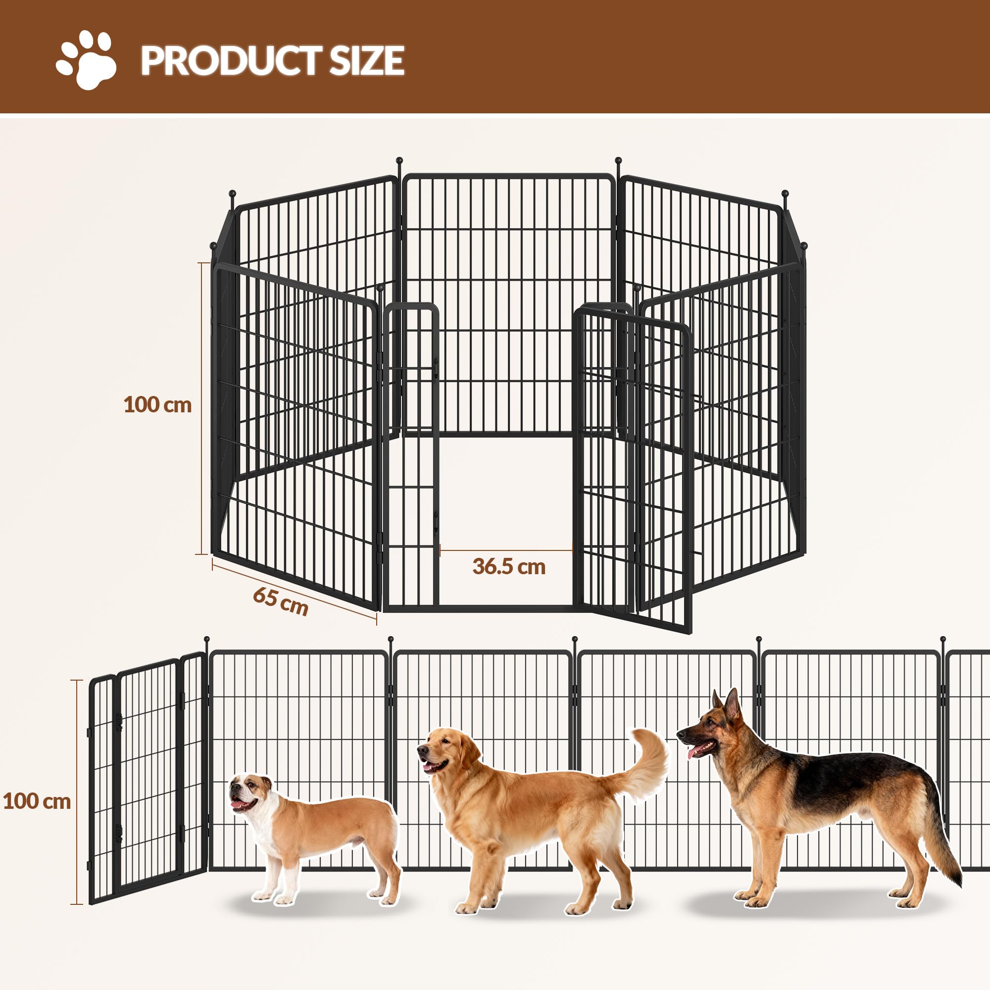 Recinto per Cani, Altezza 100 cm, Nero | Pieghevole in Metallo, per Interno ed Esterno, 8 Pannelli, 2 Serrature, FPWL103TB1