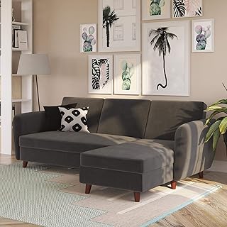 Novogratz Perry Sectional Storage, Convertible Sleeper, Gray Velvet Futon