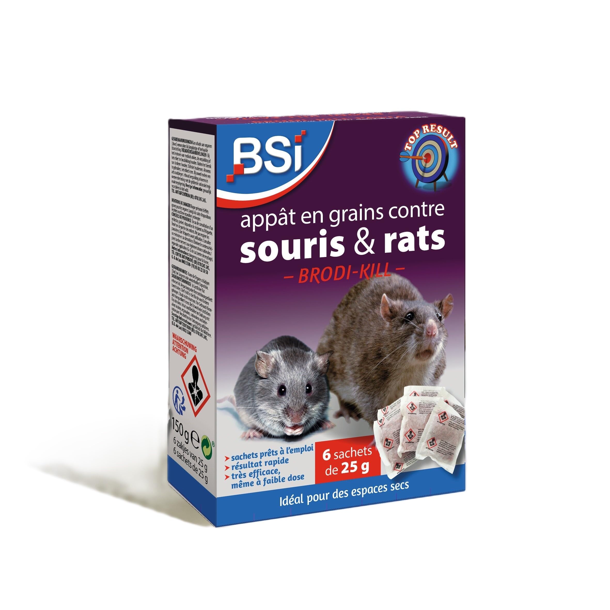 BSI - Anti Rats Et Souris - 150g - Grains - Efficacité Rapide - Radicale - Brodi-Kill Grain - 6x25g - Dernière Génération - pour Et Autour De La Maison - Prêt A l'emploi, Vert