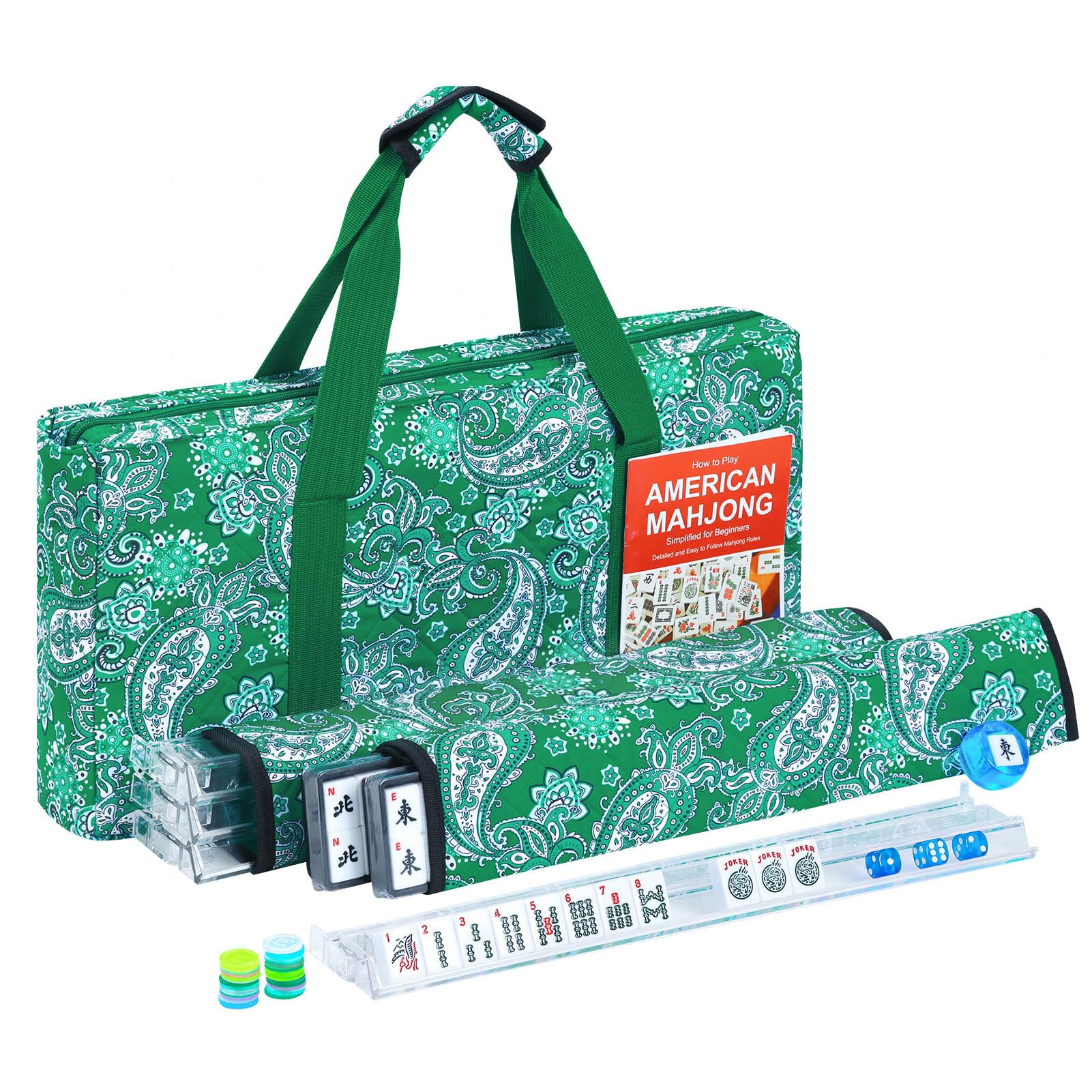 American Mahjong Tile Set, 166 White Tiles Mahjong Set, 4 Transparent All-in-One Rack/Pushers, Travel Game Set with Green Printed Carrying Bag