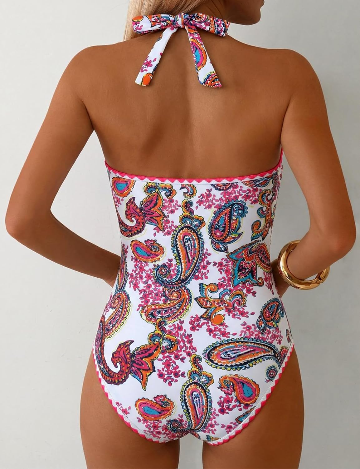 Hilor Women's One Piece Swimsuits Tummy Control Bathing Suits Halter Scalloped Vintage Swimwear Retro Slimming Monokini