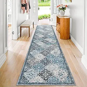 KILOCOCO 2.6x14 Runner Rug, Moroccan Super Soft Washable Hallway Entryway Runner Rug, Accent Print Faux Wool Kitchen Runner Non-Slip Boho Carpet for Laundry Room Bedroom, Blue/Multi