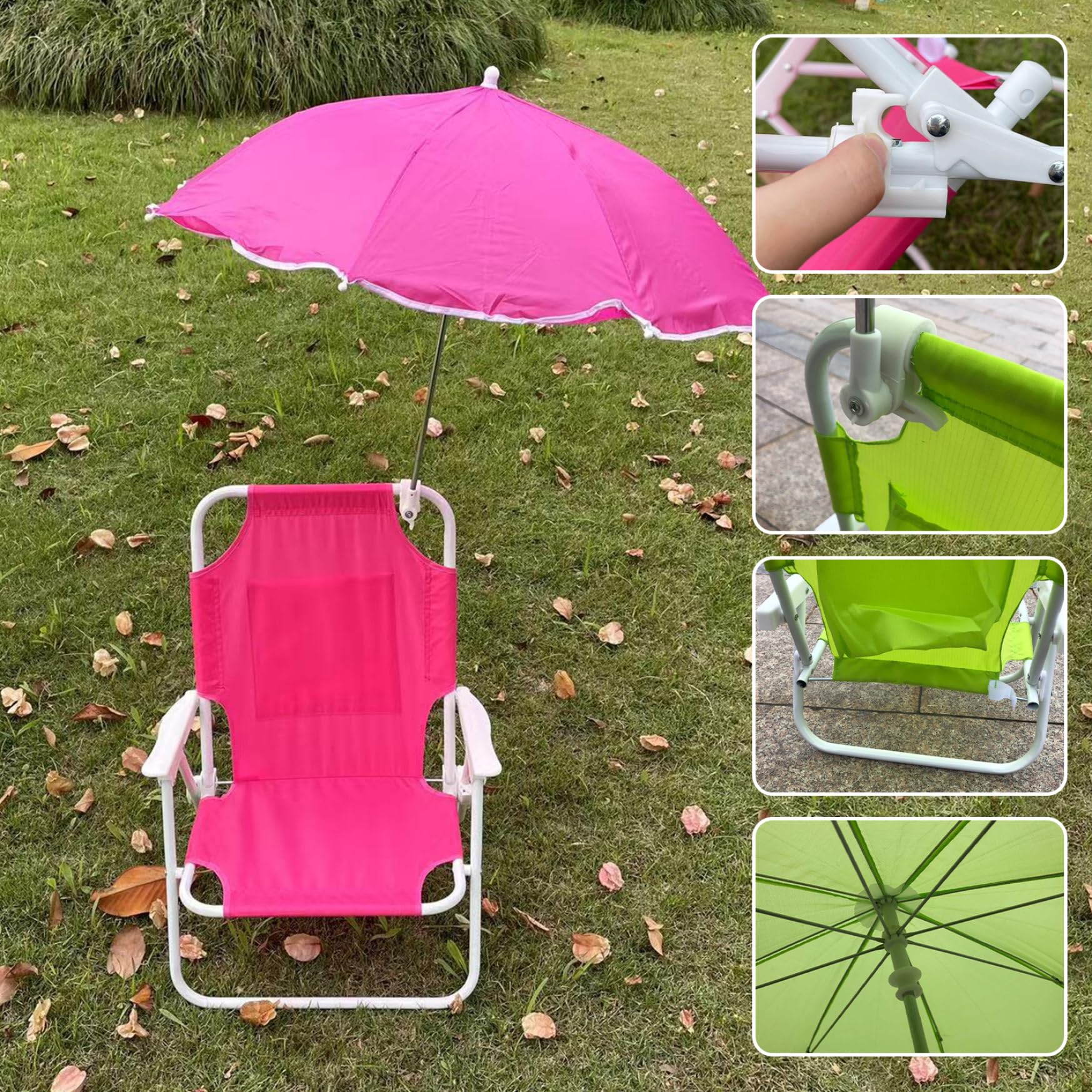 Silla de Playa para niños con sombrilla, Plegable y Desmontable, con Dosel, portátil para Exteriores. Silla de Playa para niños Rosy con sombrilla.